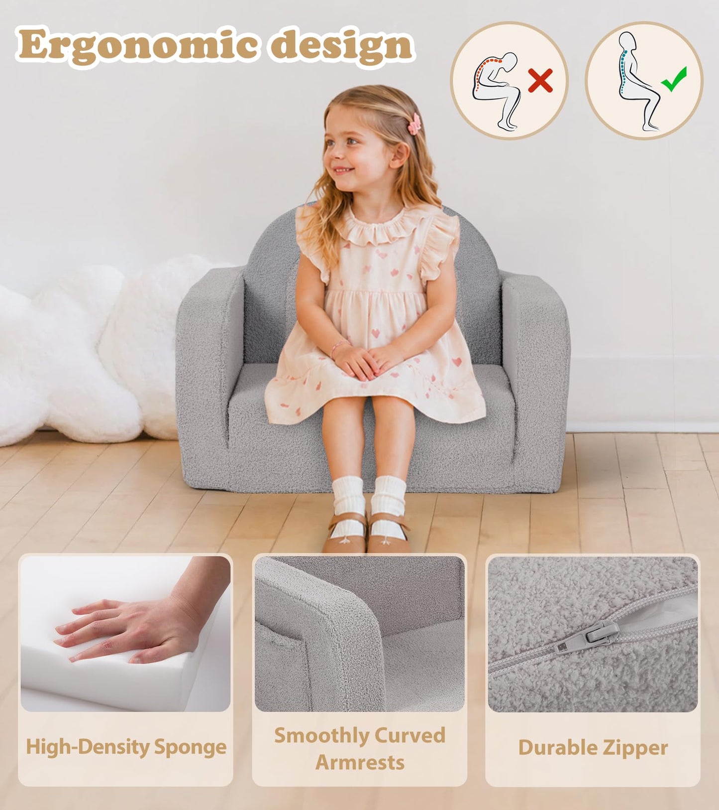 Foryoomi Kids Couch, 2-in-1 Soft Toddler Couch Fold Out with Blanket, Comfy Toddler Chair, Convertible Sofa, Gifts for Kids Girl Boys, Medium Grey Rainbow