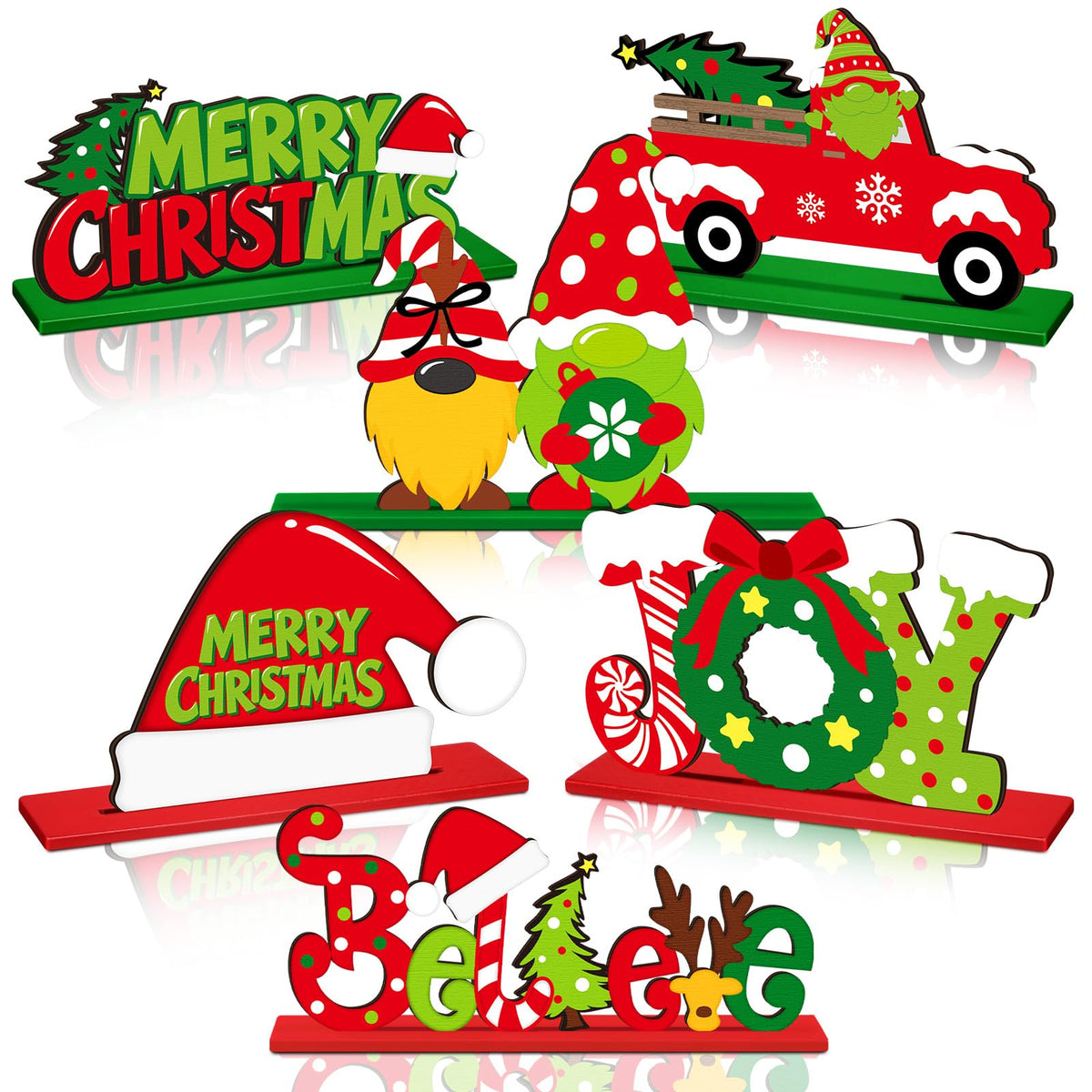 Realspring 6 Pcs Christmas Table Decorations Merry Christmas Wooden Centerpieces Table Decor Joy Wood Gingerbread Gnome Tabletop Xmas Tree Standing Signs for Home Winter Xmas Theme Party Supplies
