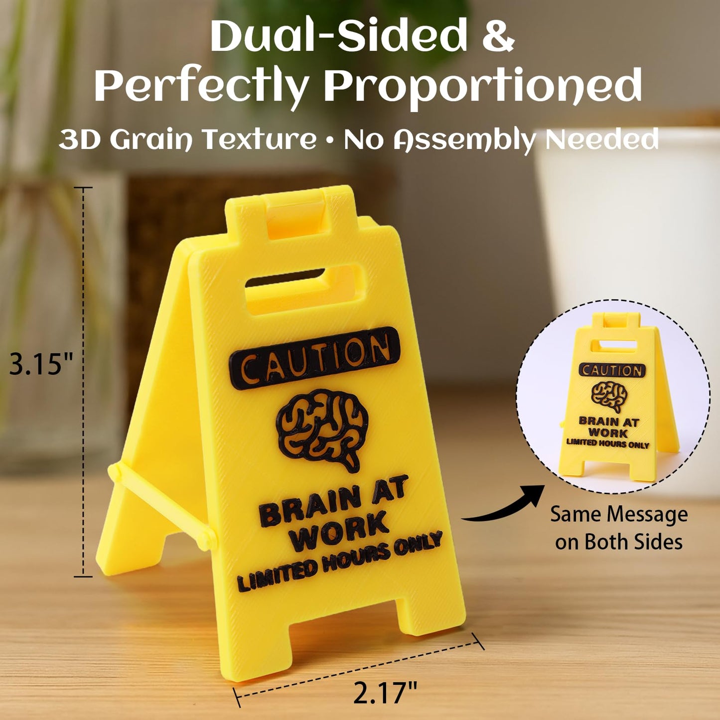 CAUTION Brain at Work Sign, 3D Printed Office Desk Decor, Funny Limited Hours Only Sign for Home Office, Coworker Gift, Birthday Gift for Colleagues, Yellow Desk Accessory