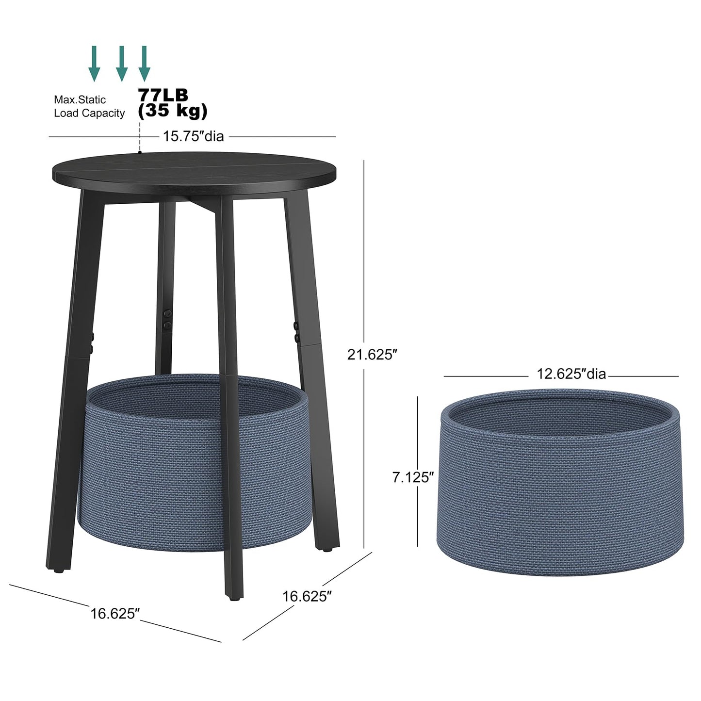 sthmec Small Round Side End Table Set of 2 with Cloth Storage Basket, Round Bedside Sofa Couch Coffee Tables for Small Places with Metal Frame, Modern Nighstands for Living Room Bedroom,Black