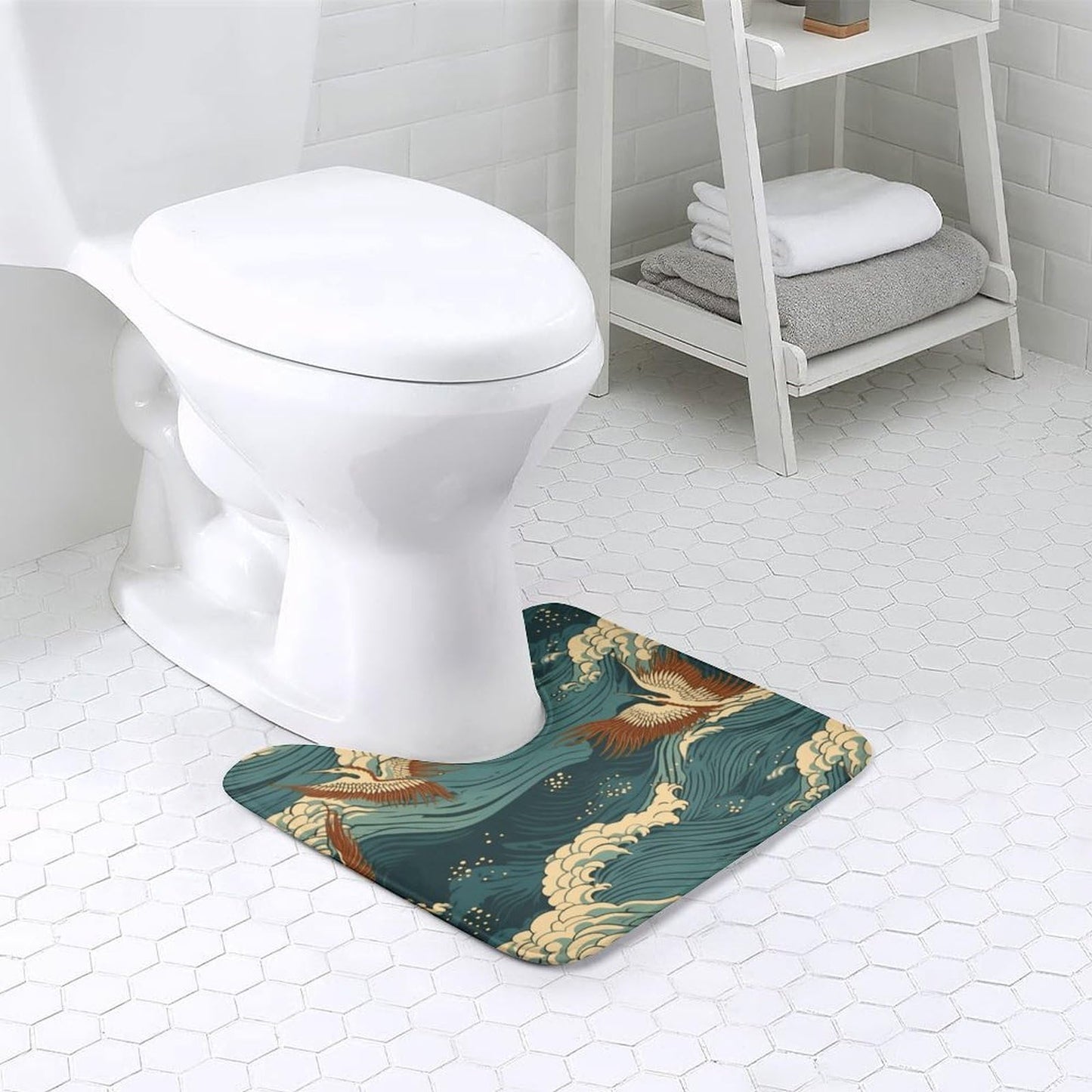 VstaDank Japan Wave Wallpapers Toilet Rug U-Shaped Toilet Bath Mat Extra Soft Absorbent Contour Bathroom Rug Plush Ultra Thin Toilet Mat Non-Slip Bath Mat for Guest Room Bathroom 16x20