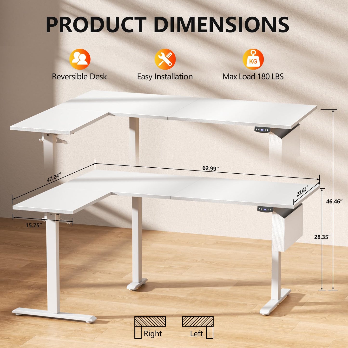 Korfile L Shaped Electric Standing Desk,63 Inch Adjustable Height Sit to Stand Corner Desk with Memory Presets, Reversible Computer Table for Home Office, Work and Study, White