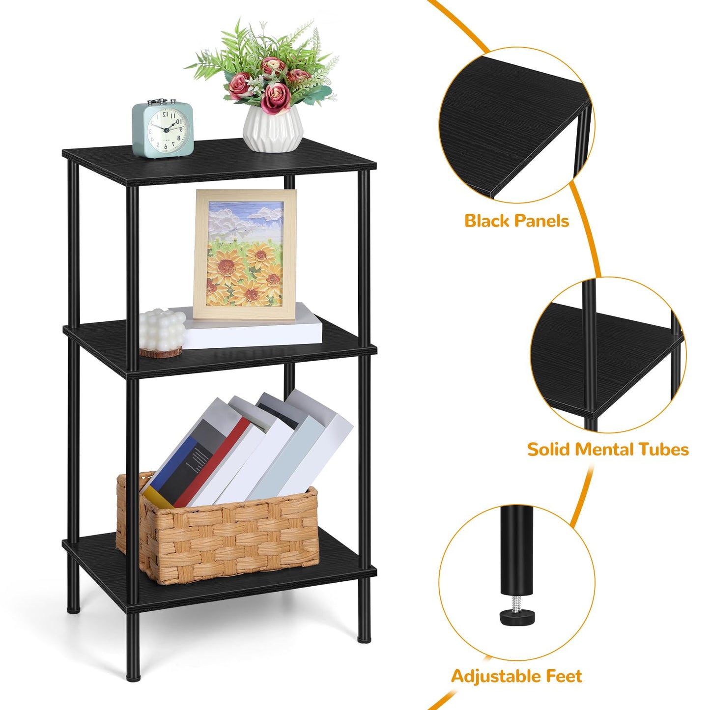 ETELI Tall Side Table with Storage 3 Tier Black End Table Metal Storage Shelves for Living Room Bedroom Bathroom Small Slim Table for Office