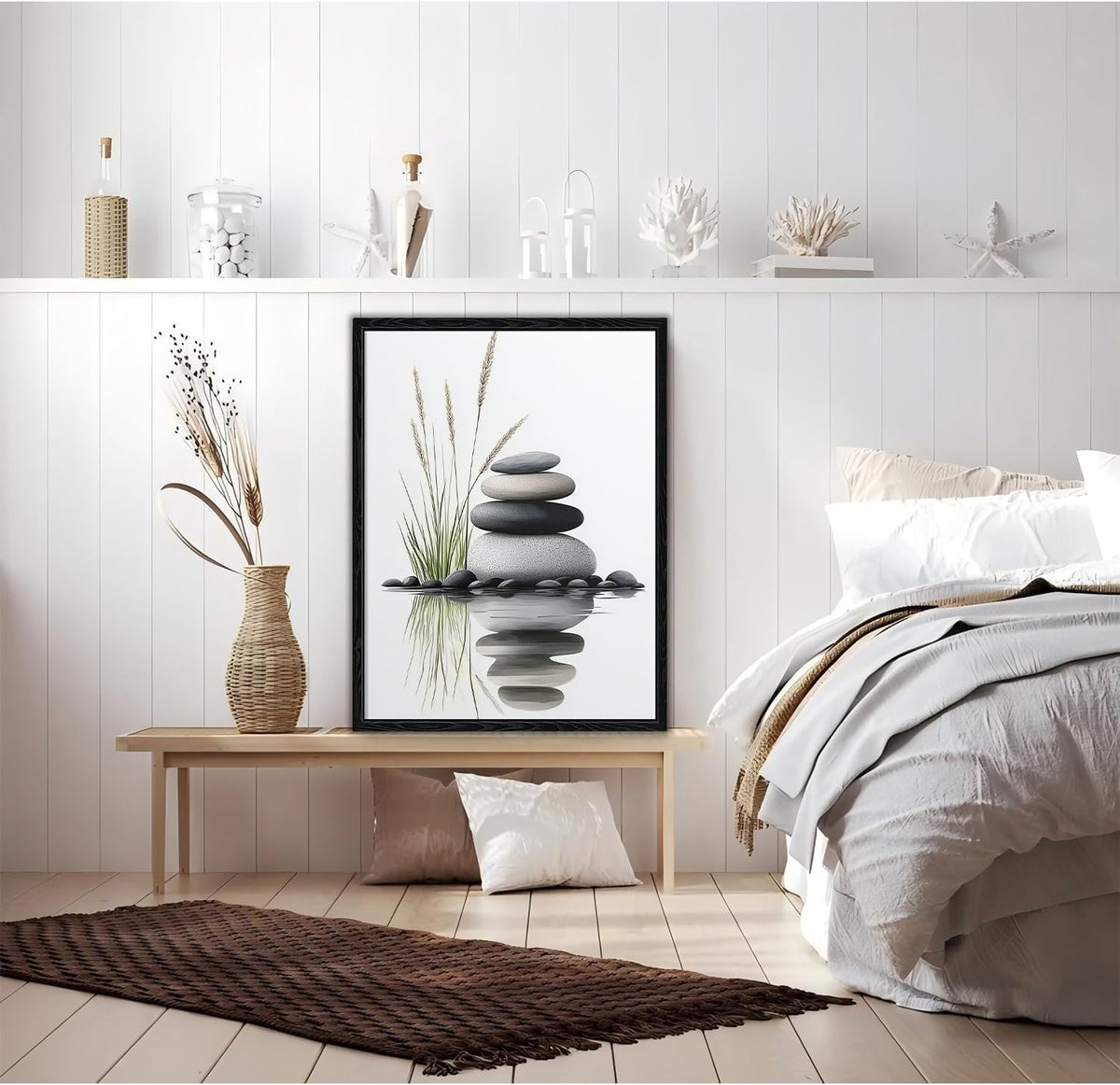 Serene Zen Stacked Stones with Water Reflection Canvas Wall Art - Cozy Modern Minimalist Spa Decor for Bathroom Bedroom Living Room - HD Waterproof Premium Stretched Framed Ready to Hang 12x16 Inches