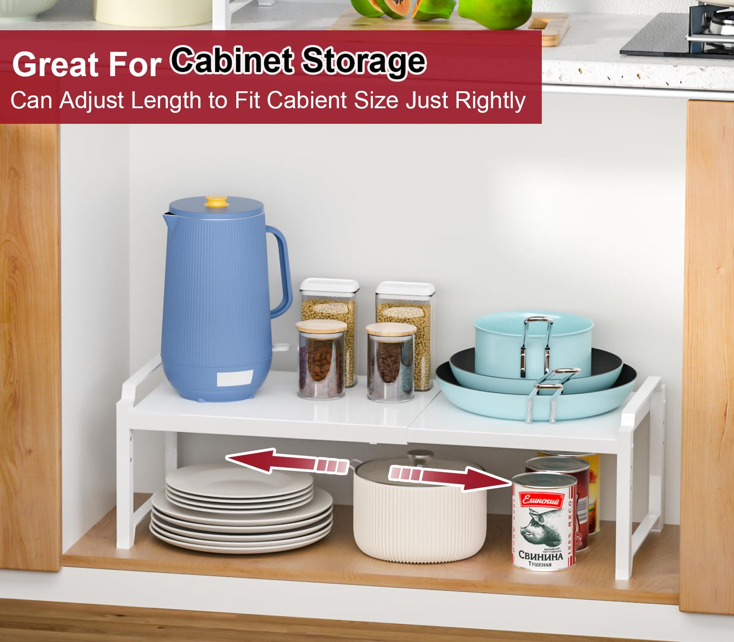 X-cosrack 12" Wide 100LBS Loading-Bearing Heavy Duty Kitchen Storage Shelf, Expandable Cabinet Shelf Organizer, Stackable Adjustable Storage Shelves for Kitchen Cabinet Cupboard Pantry Counter