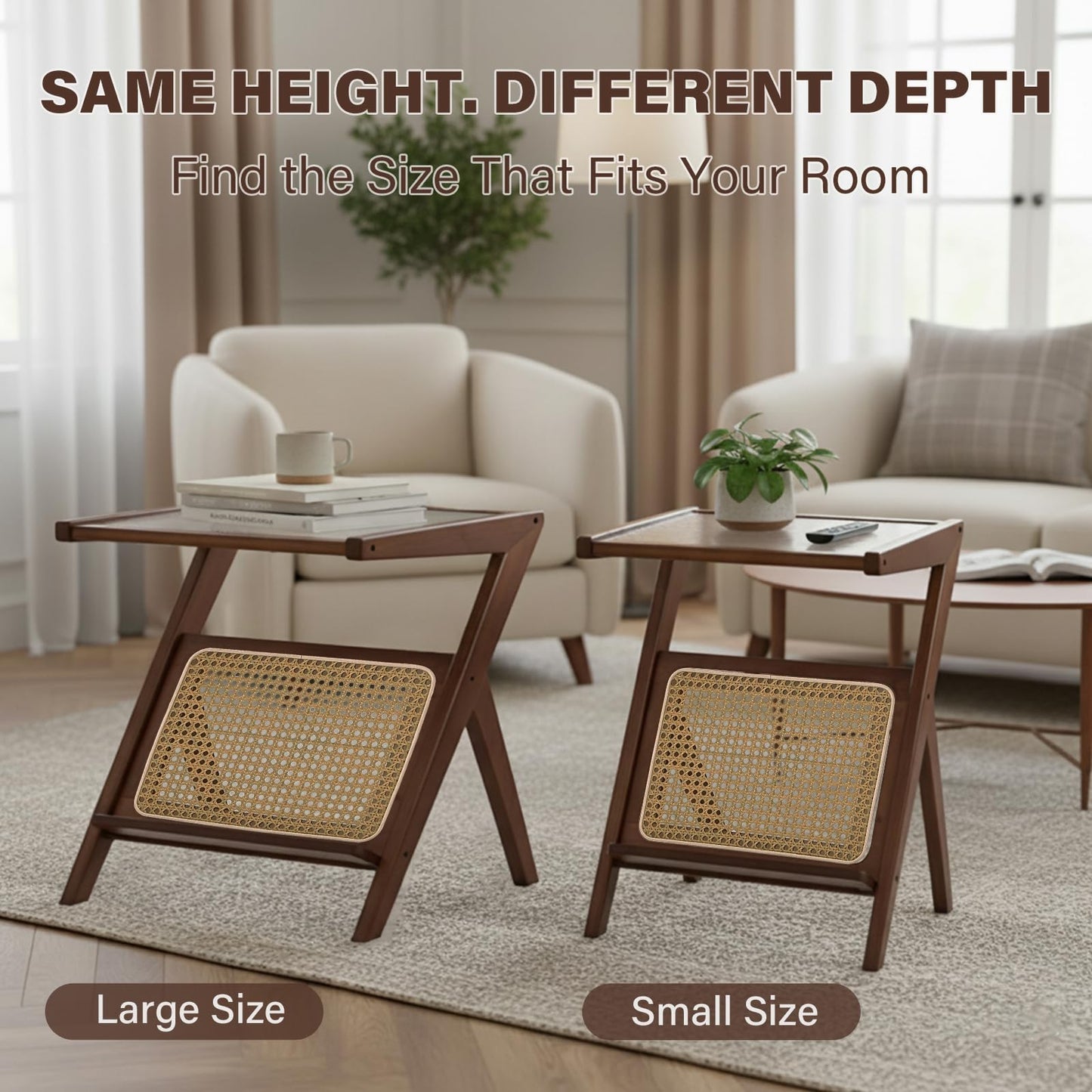 Tiita Rattan Side Table, Mid Century Nightstand, Bamboo Accent Bedside Tables, Glass Coffee Tables, Boho Wooden End Table with Storage for Small Space, Living Room and Bedroom