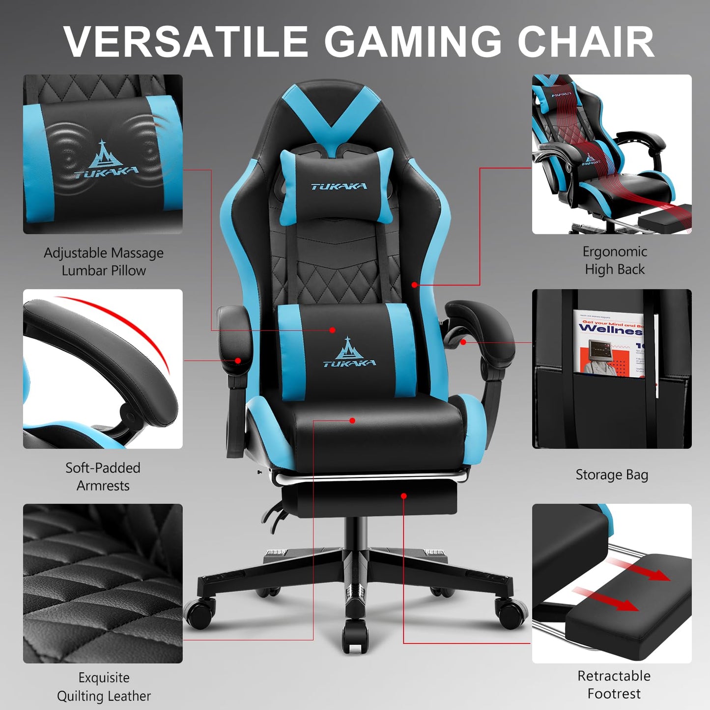 TUKAKA Gaming Chair,Ergonomic Massage Computer Office Desk Chair with Footrest,Pocket Spring Cushion,Reclining Leather Adjustable Gamer Chair with Headrest and Lumbar Support,Blue