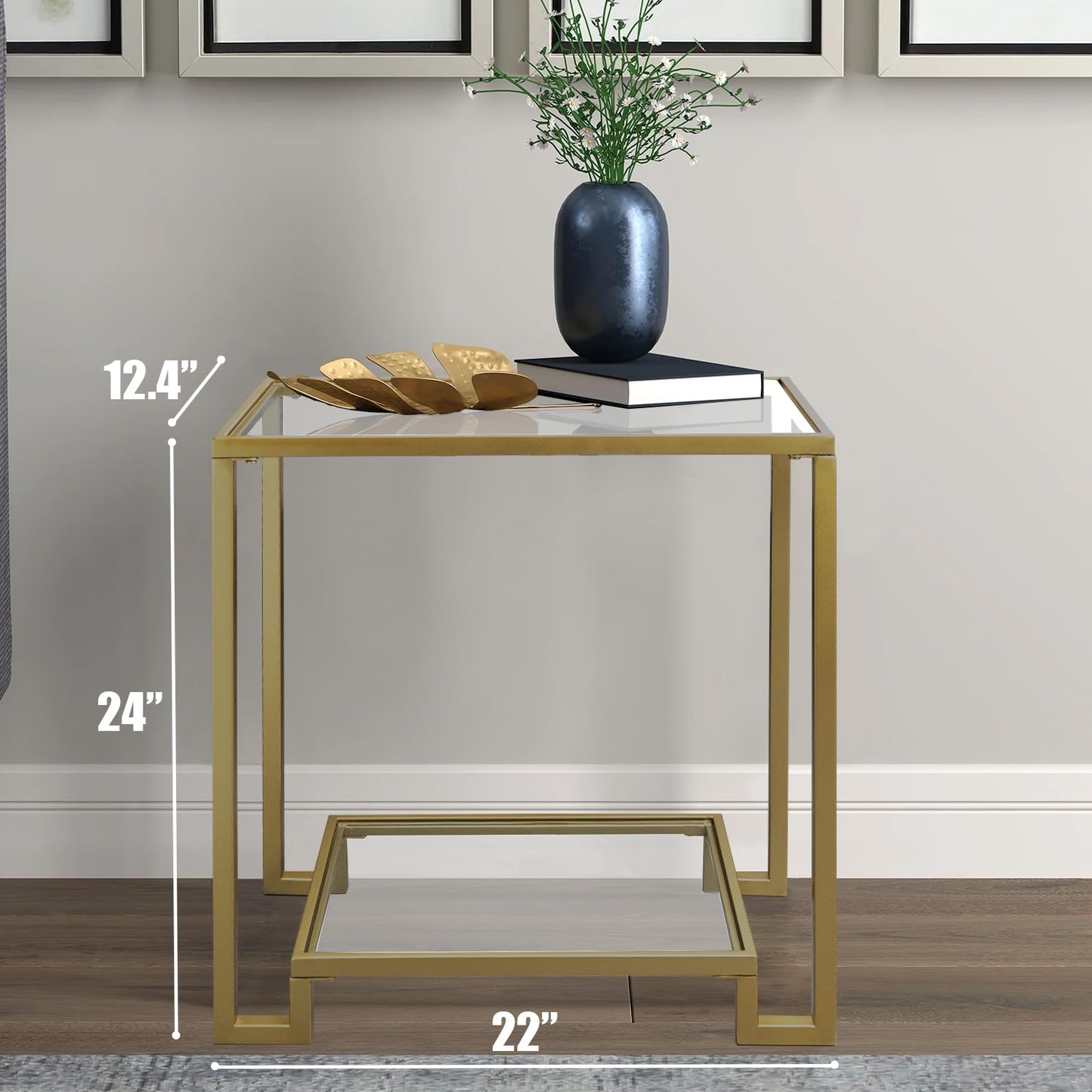 GIFTTROVE 2 Tier Rectangular Side Table, Gold End Table with Glass Top, Modern Metal Clear Coffee Tables，Small Accent Tables for Living Room, Bedroom, 22" x 12.4" x 24"