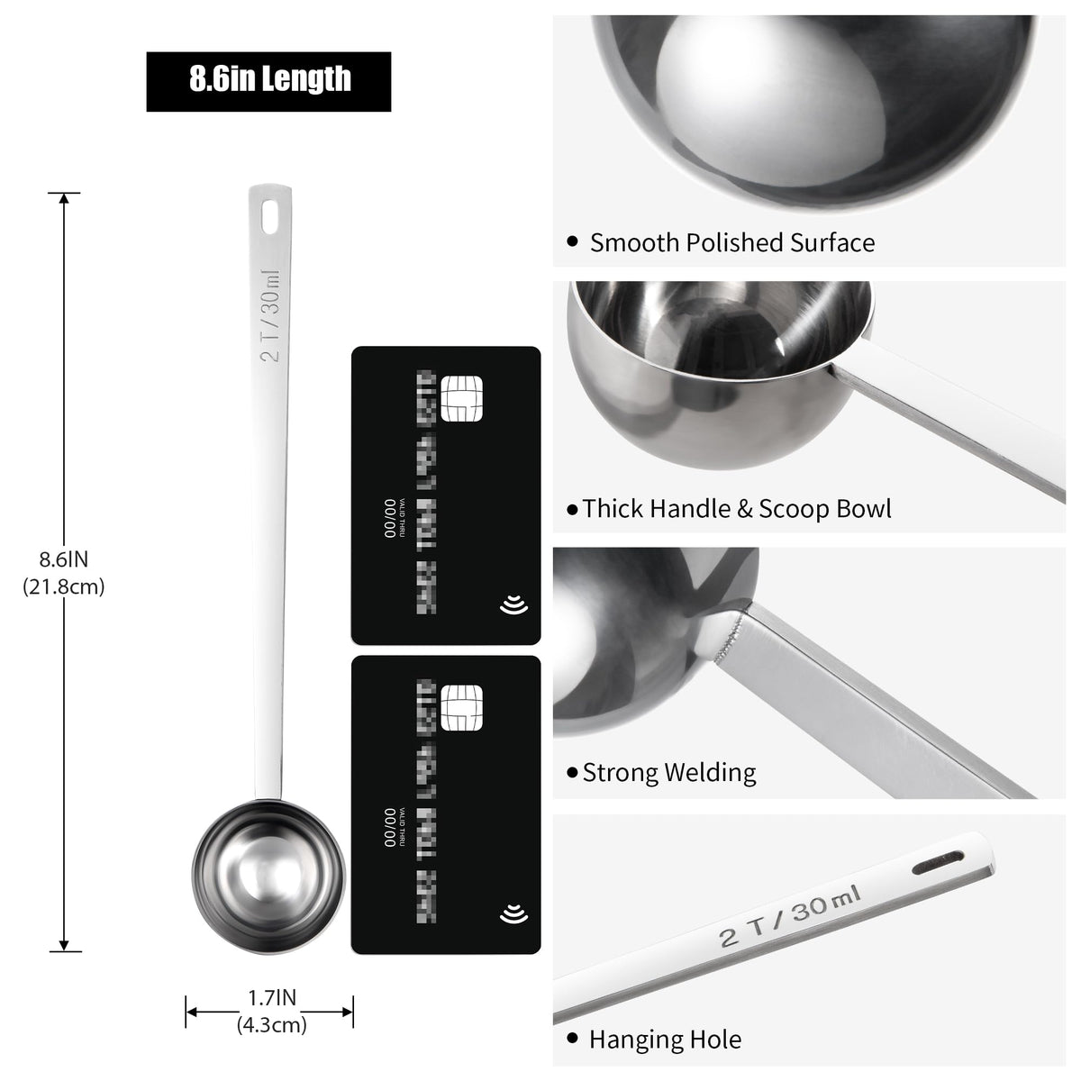 18/8 Stainless Steel Coffee Scoop, Doosu Food-Grade Metal Measuring Spoon with 6.9in Long Handle, Tablespoon Scooper for Coffee Beans, Ground Coffee, Espresso, Protein Powders, Tea, Sugar (2 Tbsp)