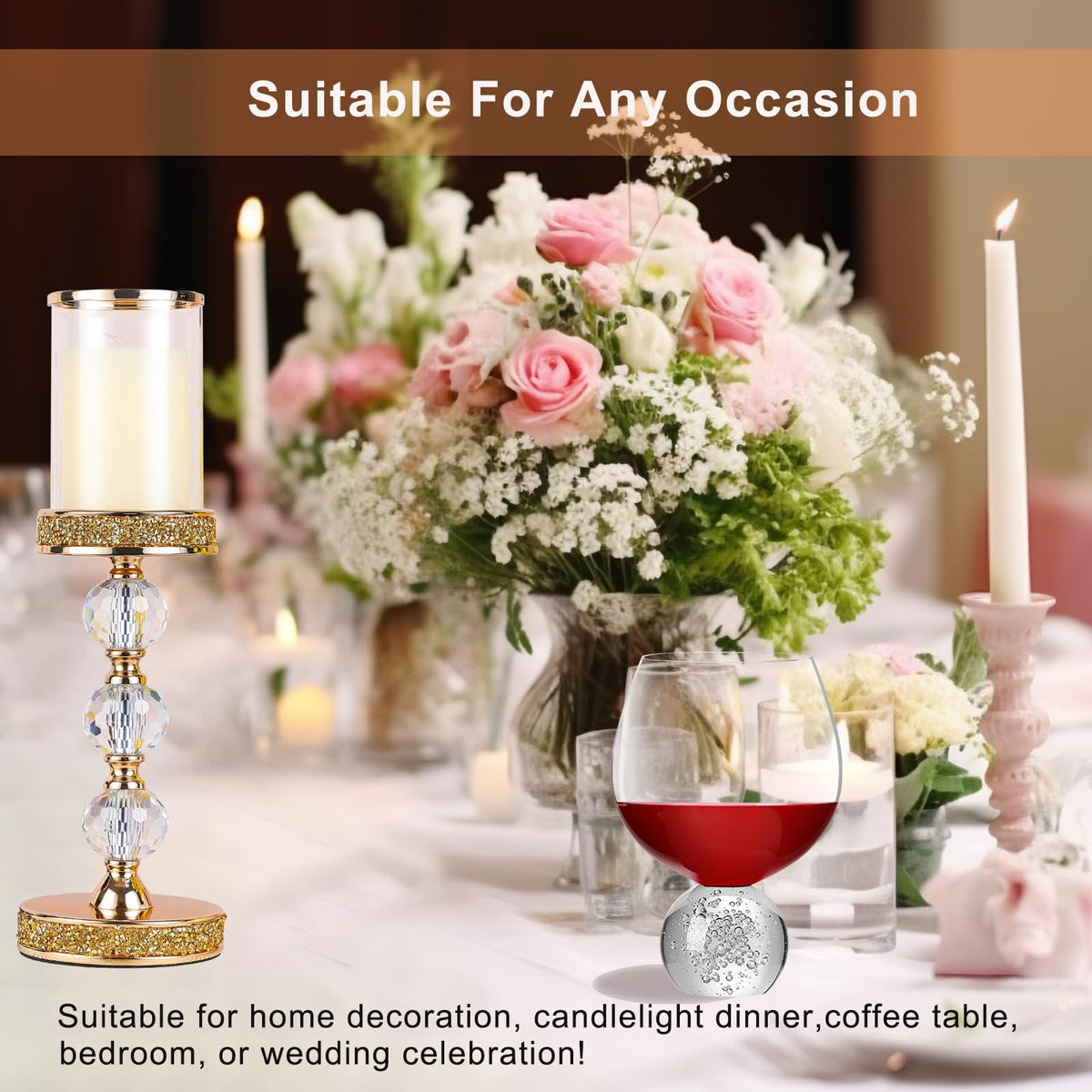 Hurricane Glass Candle Holders, Gold Pillar Candle Holders for Pillar Candle, Magnetic Glass Cover, Crystal Candlesticks Holder for Dining Coffee Table, Wedding,Events,Parties, Home Decor