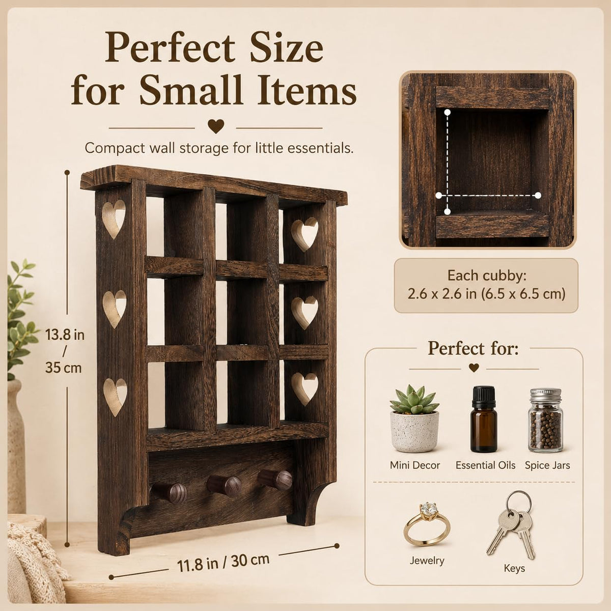 Trinket Shelf, Wooden Heart Shelf, 14 x 12 inch Floating Shelf, Wooden Trinket Shelf with Hearts and Pegs, Figurine Display Shelf, 9 Openings Heart Wall Shelf for Bedroom, Living Room, or Study Room