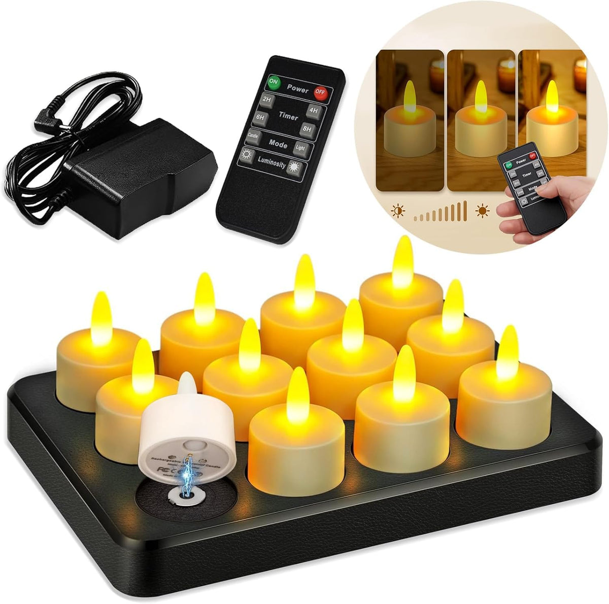 Rechargeable Tea Lights Candles with Remote, 100h Working Flameless Candle Led Timer Flickering Waterproof Tea Lights for Weddings Decoration, Home Dinner, Yellow, 12pack