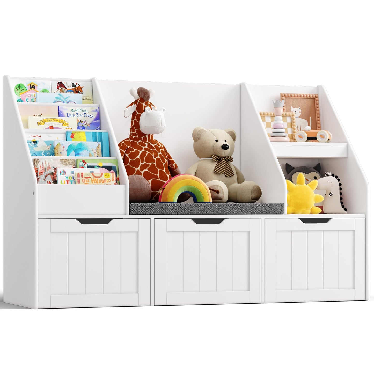 Gizoon Kids Toy Storage Organizer with Reading Nook, Kids Bookshelf with 3 Movable Drawers, Kids Reading Nook with Bench for Kidsroom Playroom and Bedroom, White, Painted