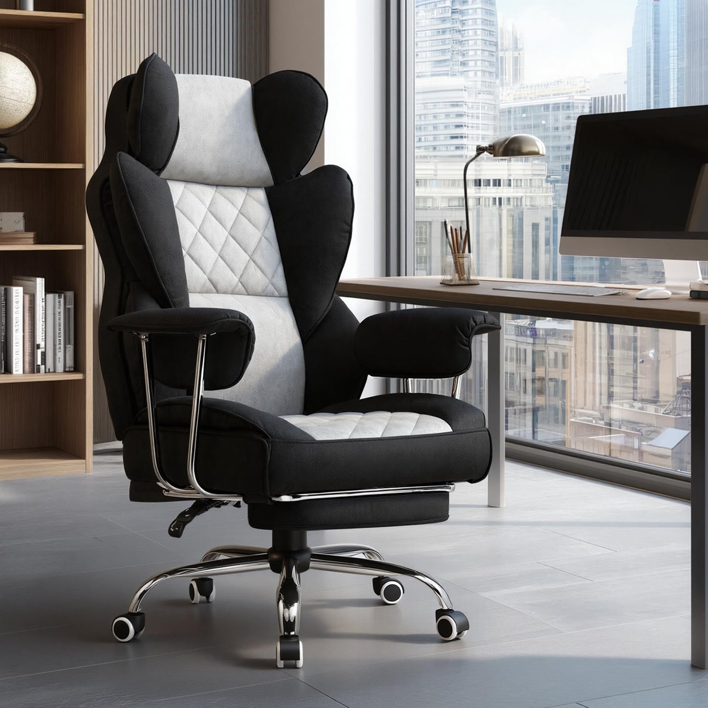 GTPLAYER Gaming Chair,Office Chair with Pocket Spring Lumbar Support, Ergonomic Comfortable Wide Office Desk Computer Chair with Outward Fixed Soft Armrests and Footrest (Fabric, Black & Gray)
