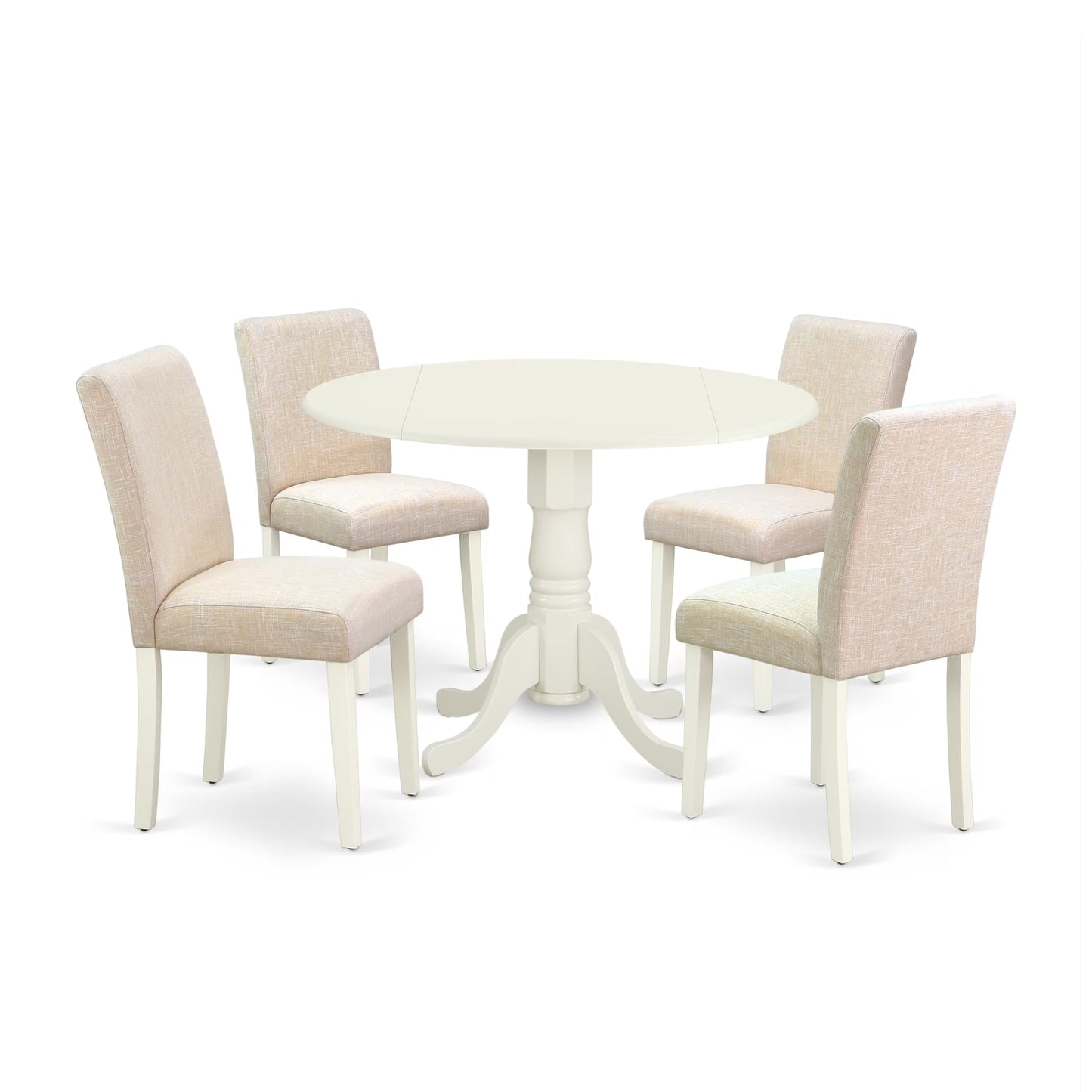 East West Furniture DLAB5-LWH-02 5 Piece Dining Room Table Set Includes a Round Kitchen Table with Dropleaf and 4 Light Beige Linen Fabric Parson Dining Chairs, 42x42 Inch, Linen White