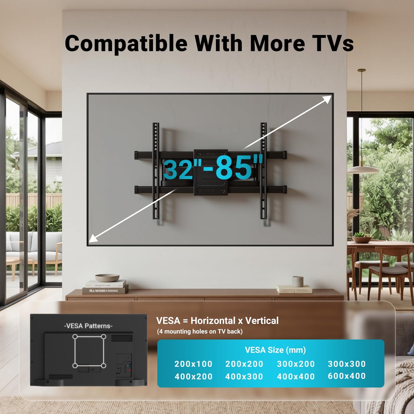 BONTEC Full Motion TV Wall Mount for 37-85 Inch TVs, Hold up to 132lbs, Heavy Duty Swivel Tilt TV Mount, Articulating Dual Arm Wall Mount TV Bracket, Max VESA 600x400mm, Fits 16" Wood Studs