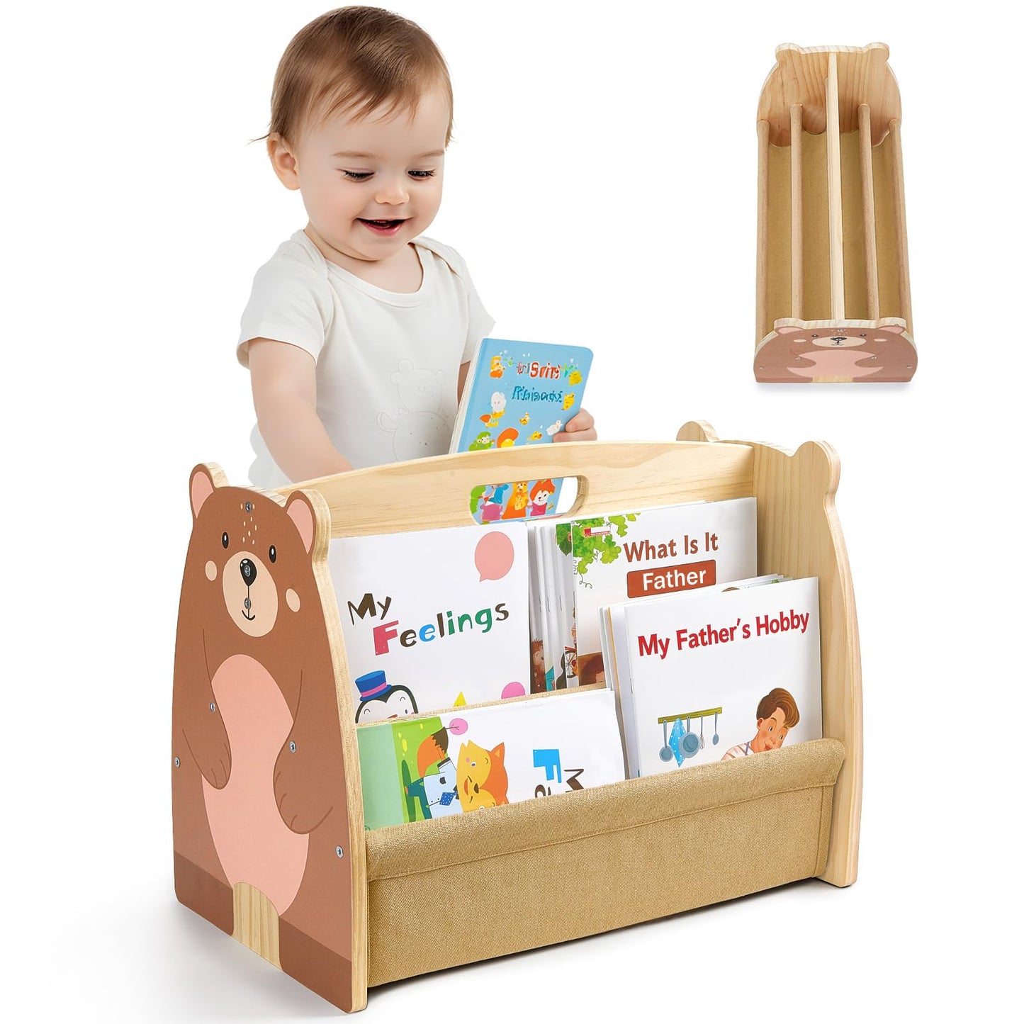 SheSeek Toddler Bookshelf Double-Sided with 4 Tier Deep Sleeves Kids Wooden Montessori Book Rack for Baby Nursery Room, Playroom, Classroom or Bedroom Bookcase Storage Organizer, Brown Bear