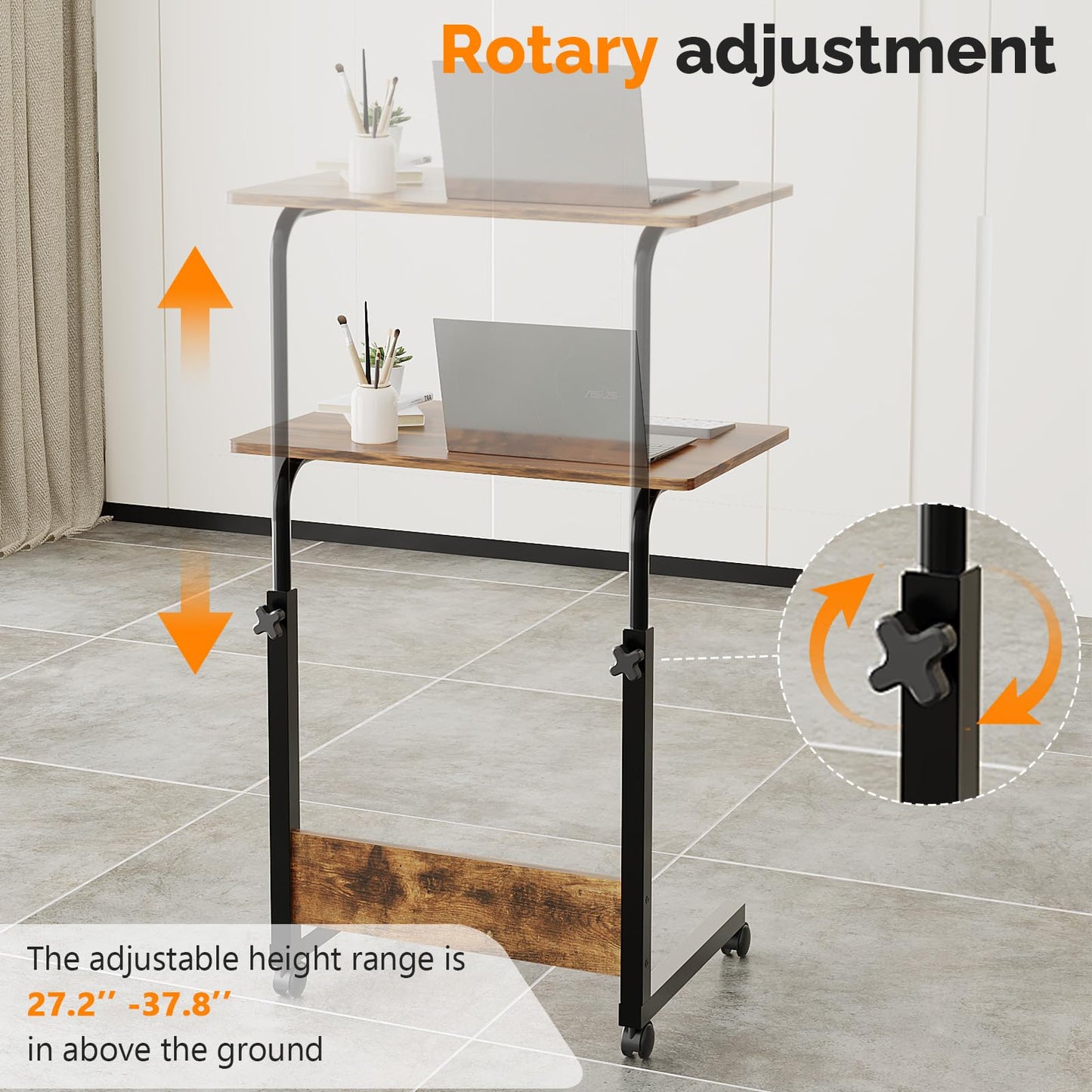 FCH Portable Computer Workstation, Standing Desk Adjustable Height, Small Computer Desk w/Rolling, Sit Stand Laptop Desk TV Tray for Bed Sofa Hospital Reading Eating, Rustic Brown, 23.6"