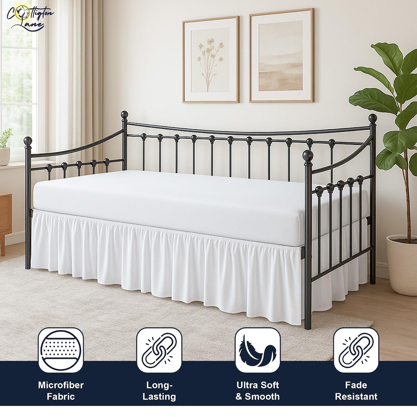 Cottington Lane Daybed Skirt with Split Corners Twin Size Gather Dust Ruffle Bedskirt 14 Inch Drop, Premium Hotel Quality Brushed Microfiber, Classic Platform Fit, White