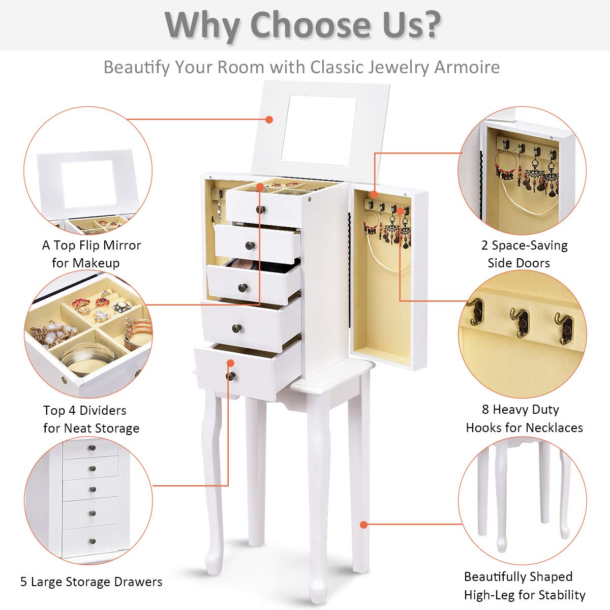 Giantex Jewelry Cabinet Armoire Box Storage Chest Necklace Stand Organizer
