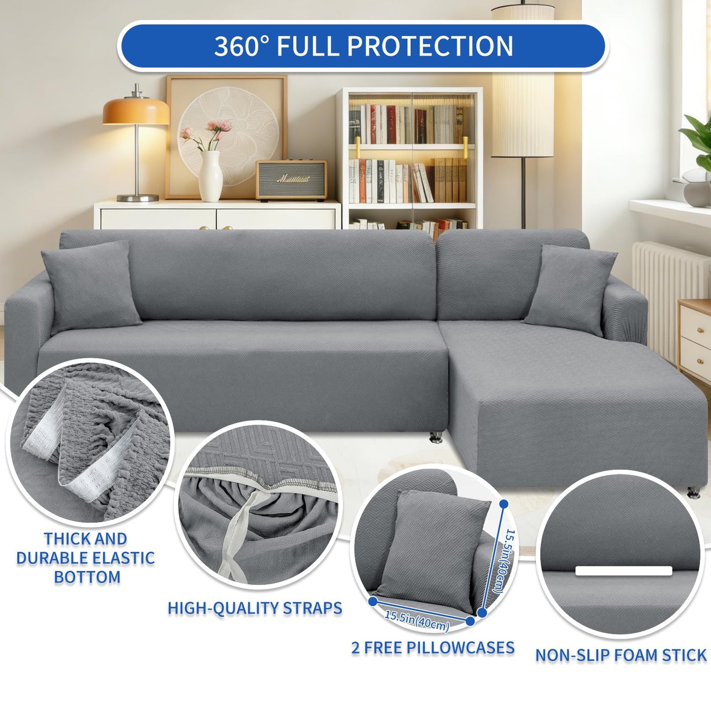 XINEAGE Sectional Couch Cover High Stretch L Shaped Sofa Cover 2 Pieces Non Slip Slipcover with Chaise Furniture Protector with 2 Pillowcases for Pets & Dogs (3 Seat Sofa + 3 Seat Chaise, Light Gray)