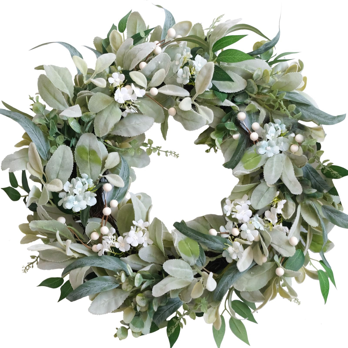 22 Inch Spring Everyday Lamb Ears Leaves Wreath with White Wild Flowers and Berries for Front Door, Welcome Wood Sign Green Leaves Wreath for Indoor Outdoor, Everyday Leaves Home Decor