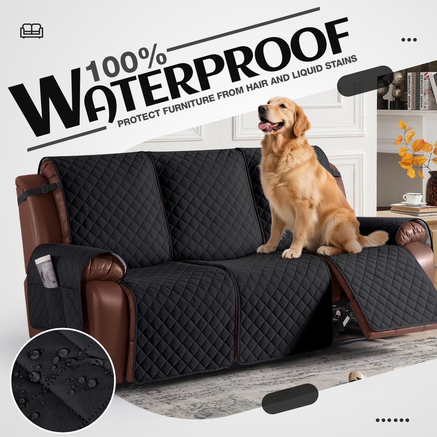 KinCam Recliner Sofa Covers for 3 Seat, 100% Waterproof Reclining Couch Covers, Non-Slip Recliner Couch Cover Furniture Protector with Elastic Straps for Pets, Kids, Black
