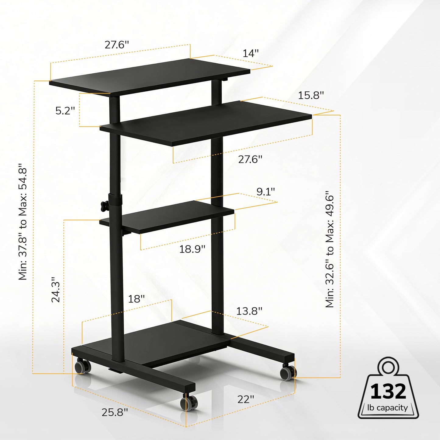 Mount-It! Black Rolling Standing Desk, Adjustable Height up to 54.7", Portable Laptop Podium Desk on Wheels, Mobile Computer Workstation with 4 Shelves 27.5" Wide, Cart for Home Office or Classroom