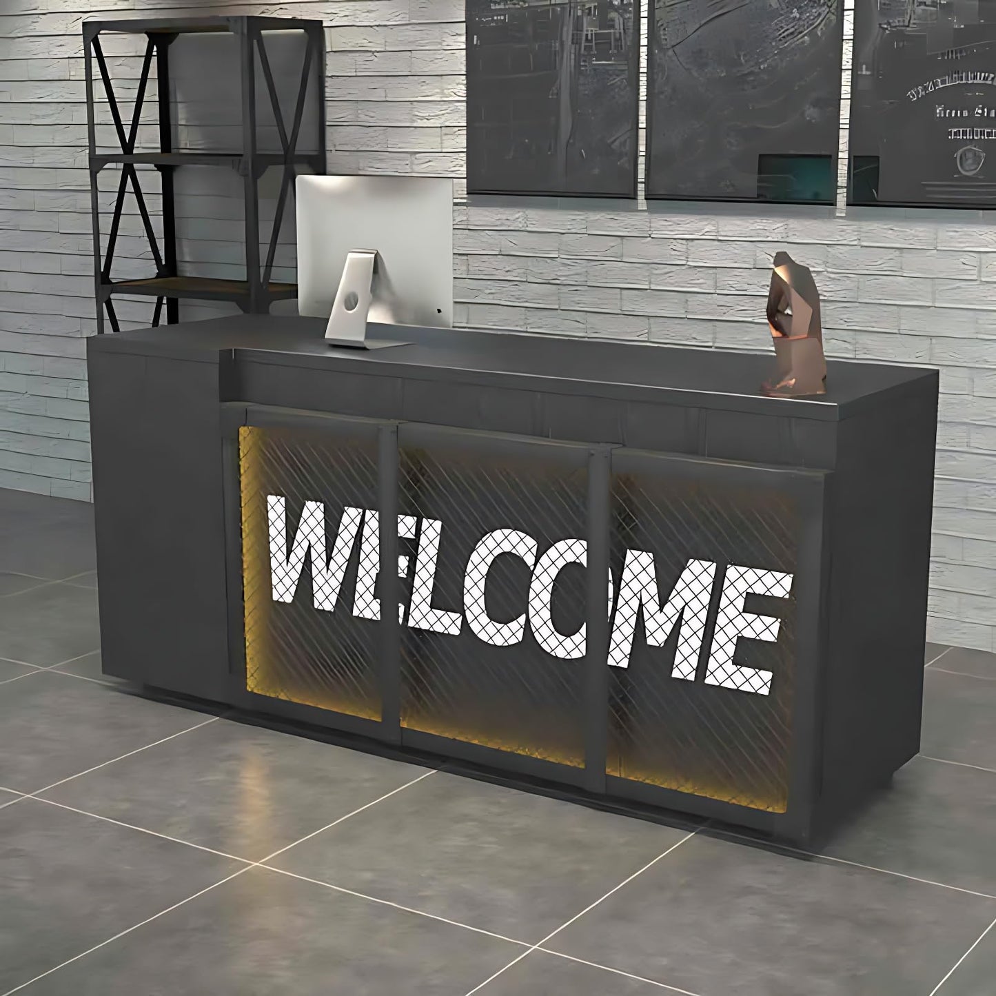 Industrial Reception Desk with LED Lighting, Solid Wood Counter for Retail & Office, Versatile Front Desk Table for Modern Workspaces, Stylish Reception Furniture