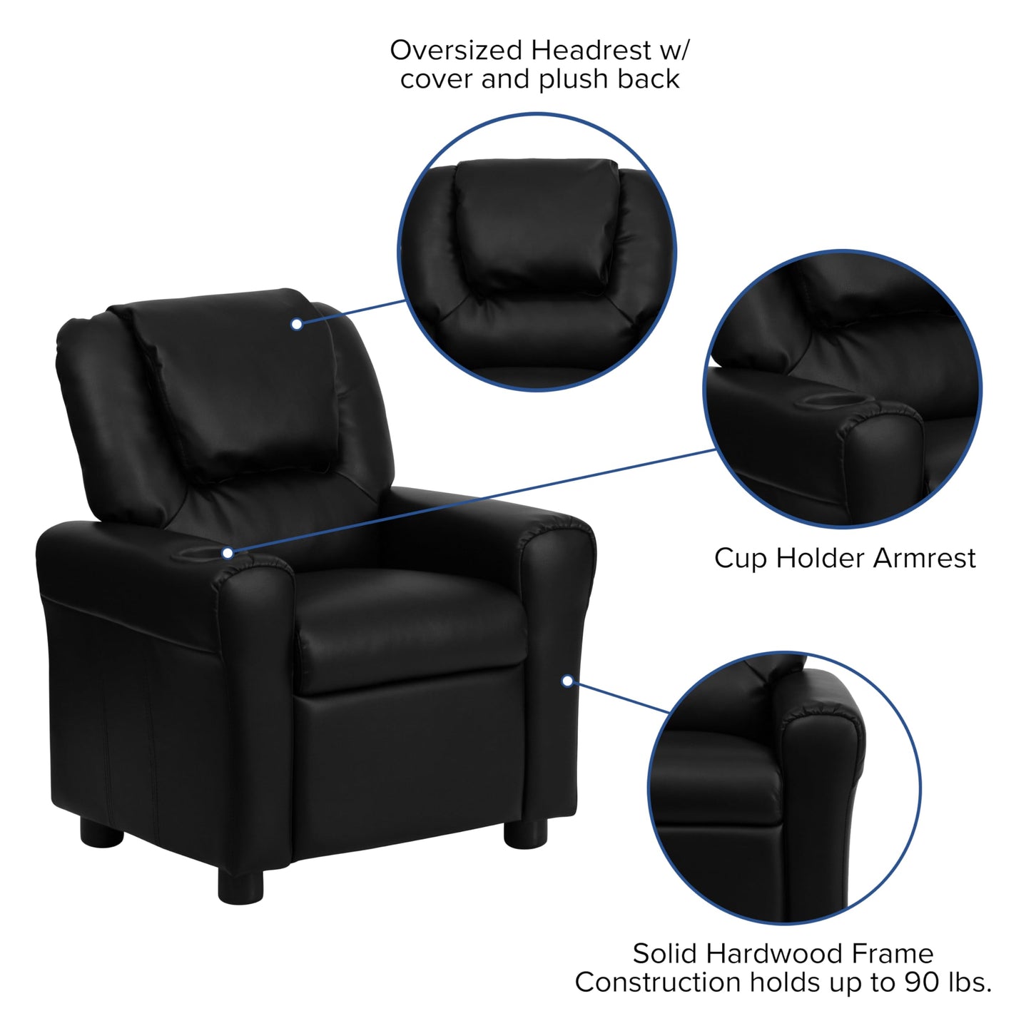 Flash Furniture Vana LeatherSoft Kids Recliner with Cup Holder, Headrest, and Safety Recline, Contemporary Reclining Chair for Kids, Supports up to 90 lbs., Black