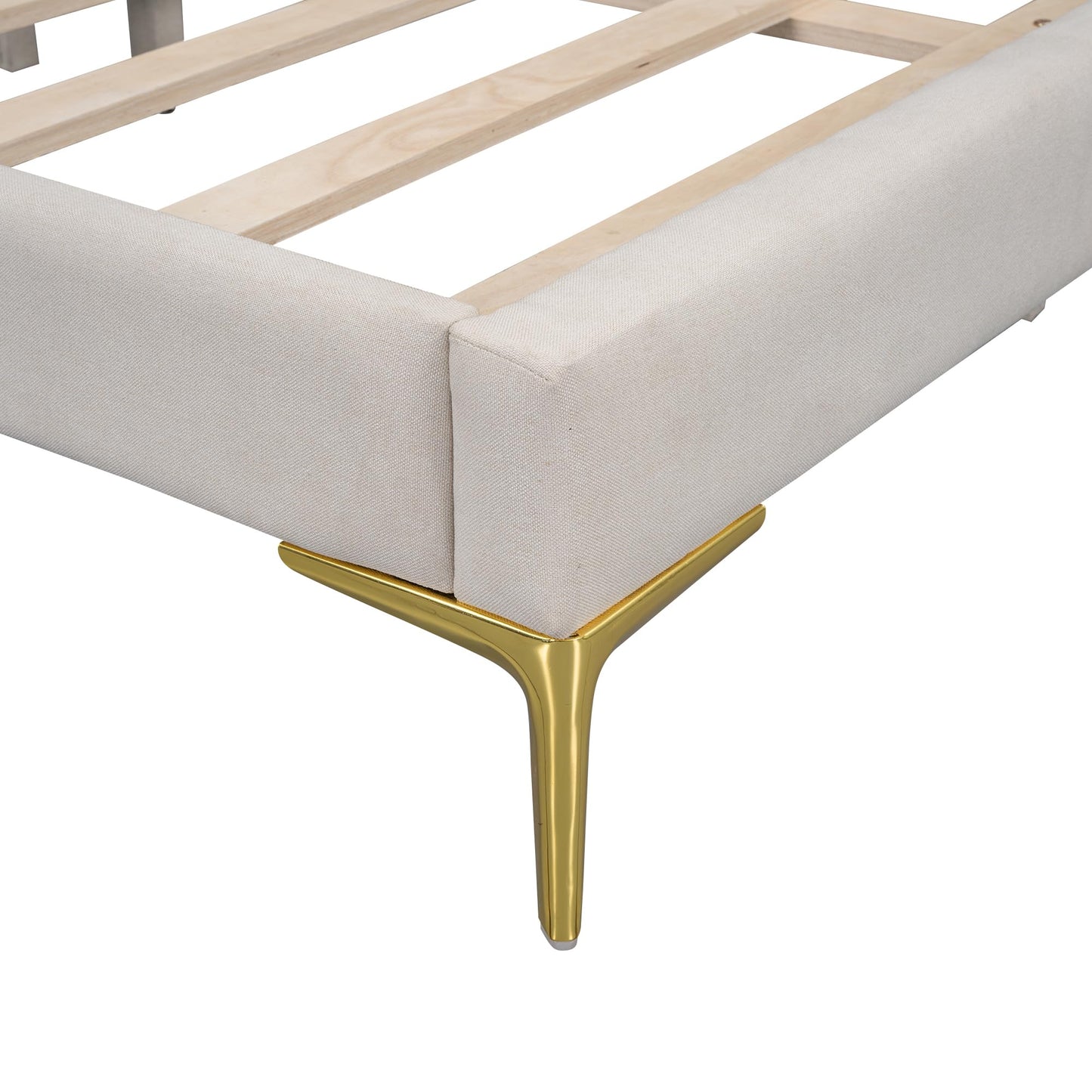 Ball & Cast Full Size Daybed with Golden Metal Legs,Linen Upholstered Daybed Frame with Nailhead Trim and Wood Slat Support,No Box Spring Needed,Beige