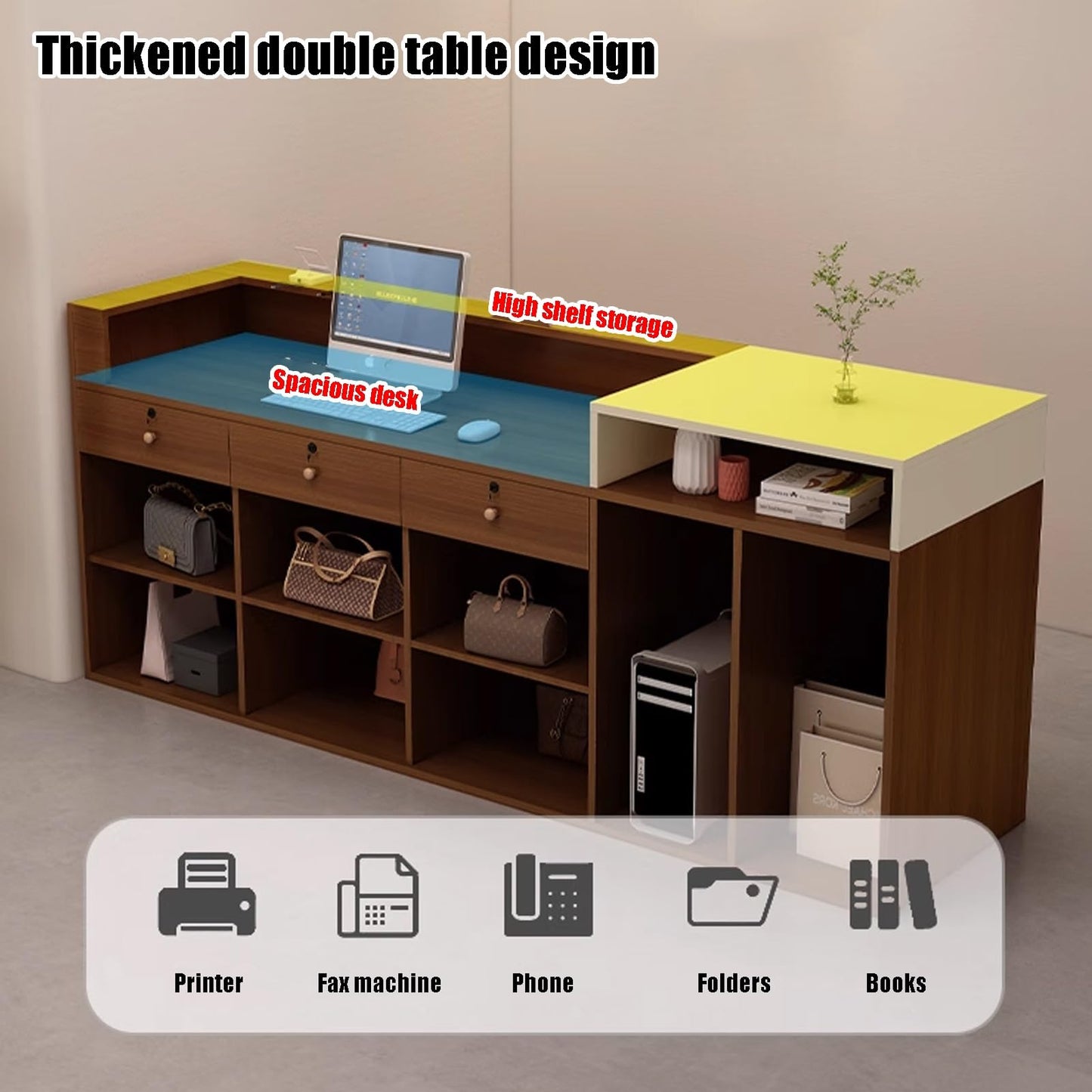 Lockable Reception Desk, Modern Wood Front Counter, Stylish Black & Teak Design, 100cm for Retail Checkout, Ideal for Convenience Stores, Clothing Shops & Salons