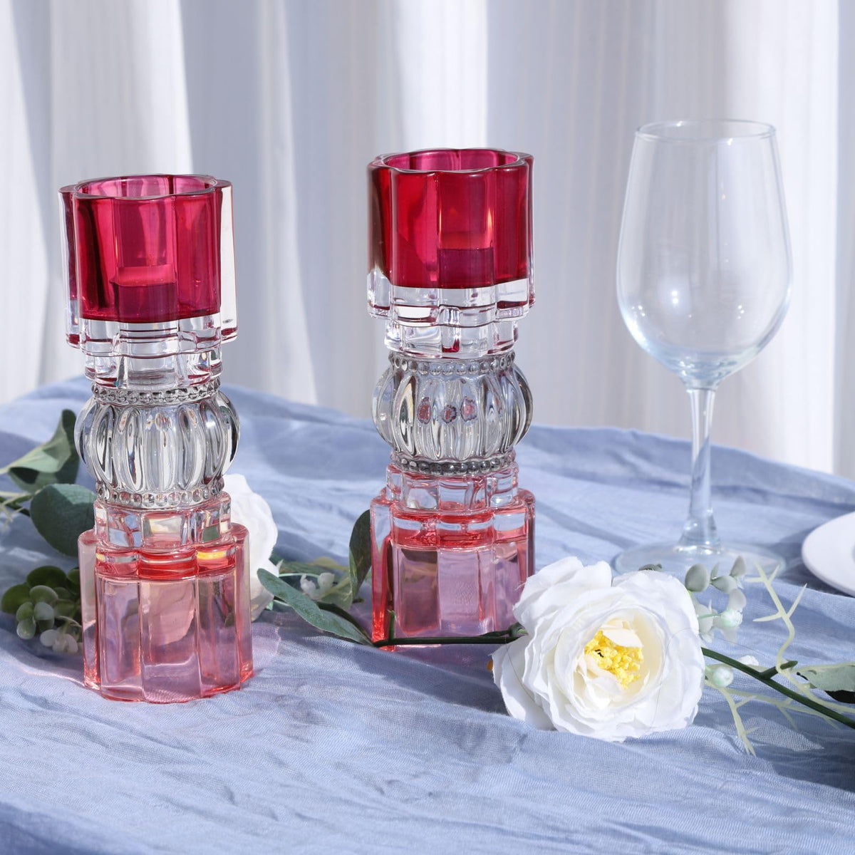 VOHO Pink Candle Holder for Valentines Day Decorations, Set of 2 Heavy Glass Votive Candle Holders Decor for Room Table, Romantic Tealight Candle Holder Gifts for Her(7.87x2.75 in W/H, Shades of Pink)