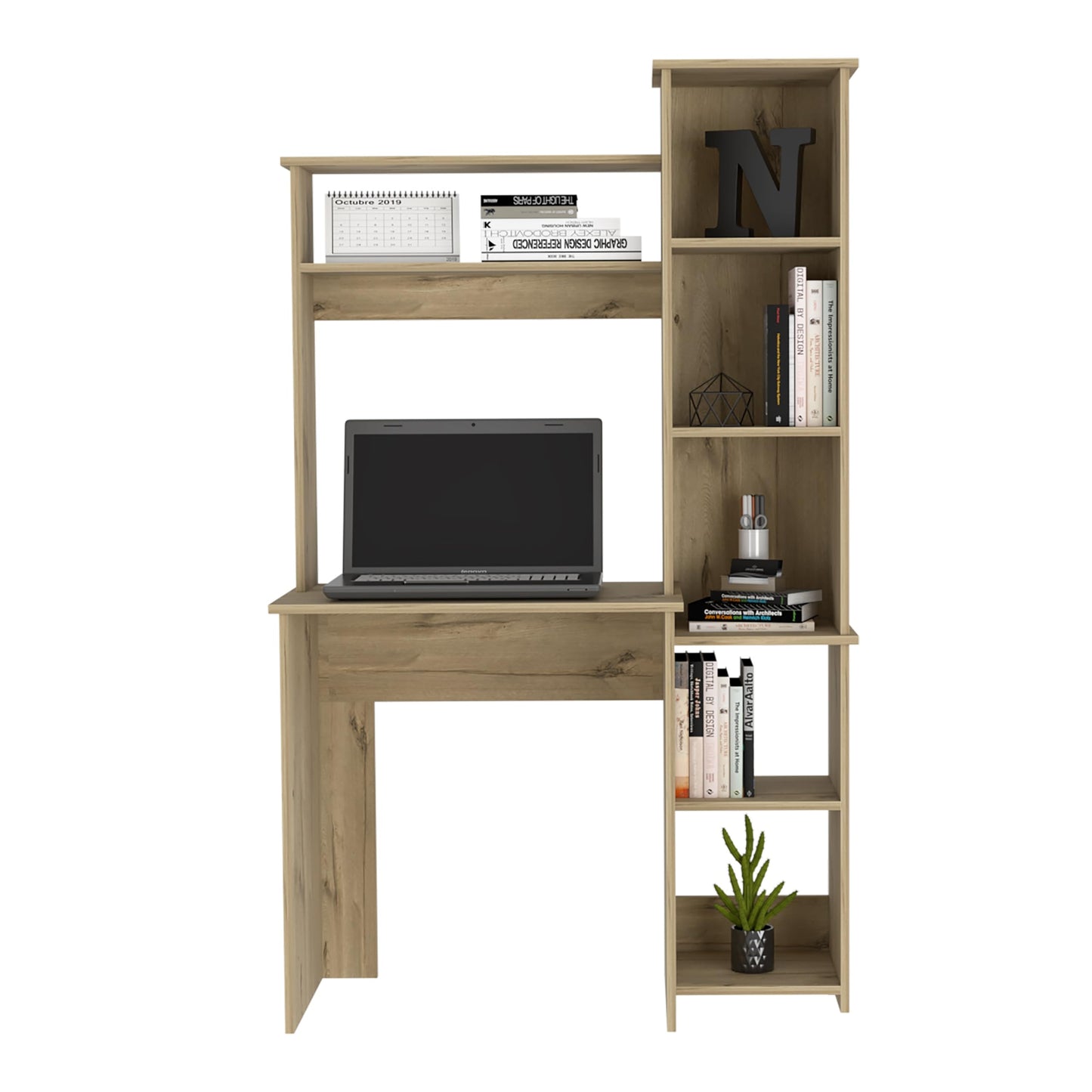 Tuhome Versalles Writing Desk with Two Superior Shelves, Five Side Open Storage Compartments, Space-Saving Modern Workstation Design for Studios and Offices, Ideal for Organization, Books