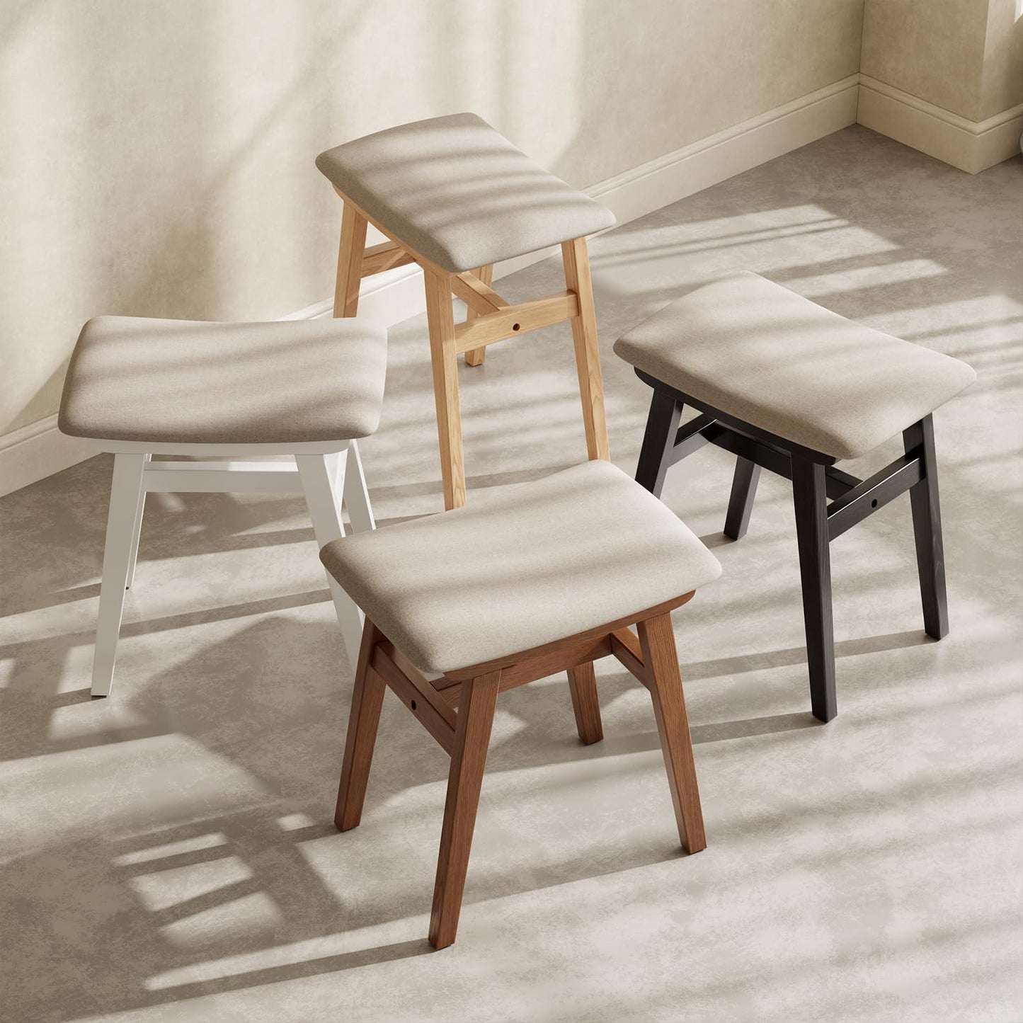 Muwuele Solid Wood Vanity Stool, Compact Makeup Chair with Saddle Cushion, Linen-Covered High Rebound Sponge Seat, Easy Assembly Footstool for Bedroom, Entryway, Home, Walnut