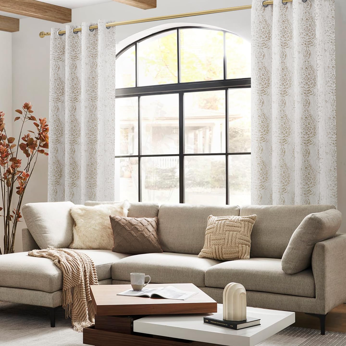Mrs.Naturall 108 Inch 9FT Farmhouse Room Darkening Curtains, Damask Jacquard Luxury Grommet Drapes for Living Room Bedroom, 2 Panels Set, 9 FT Length 52'' L x 108'' W, Taupe Grey