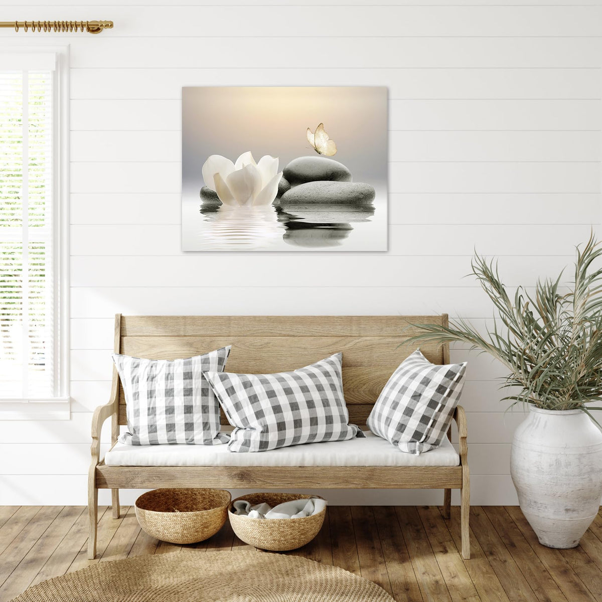 EOBTAIN Zen Stone Canvas Wall Art White Flower and Yellow Butterfly on Lake Wall Art for Bathroom Living Room Bedroom Modern Spiritual Yoga Spa Picture Canvas Wall Decor Zen Art,16x12 Inches