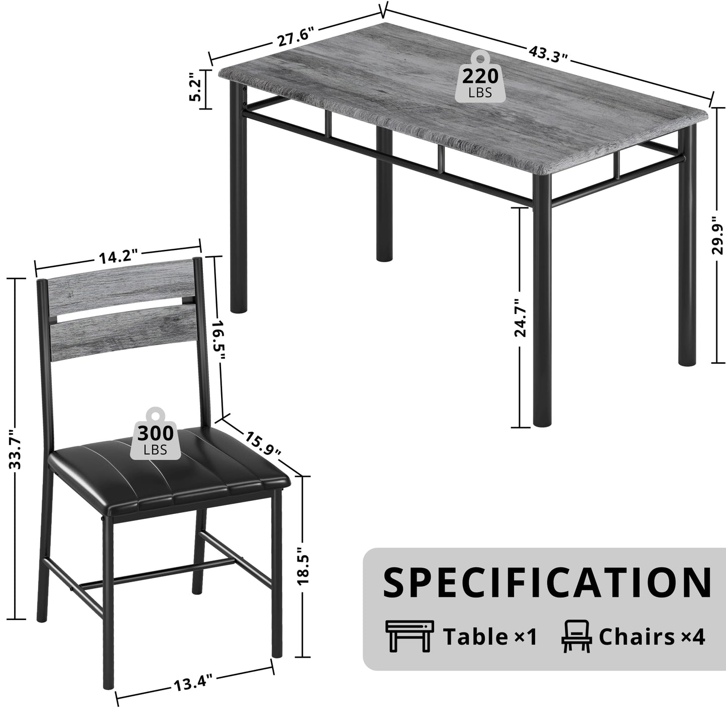 IRONCK Dining Table Set for 4, Wood Kitchen Table with Upholstered Chairs for Kitchen Room and Small Spaces, Grey