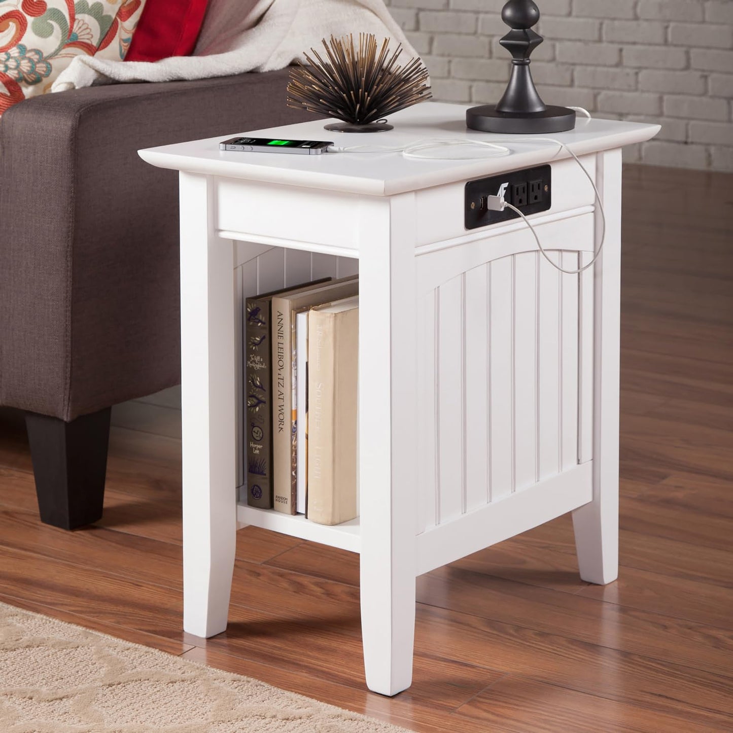 AFI Nantucket Chair Side Table with Built-in Charger in White