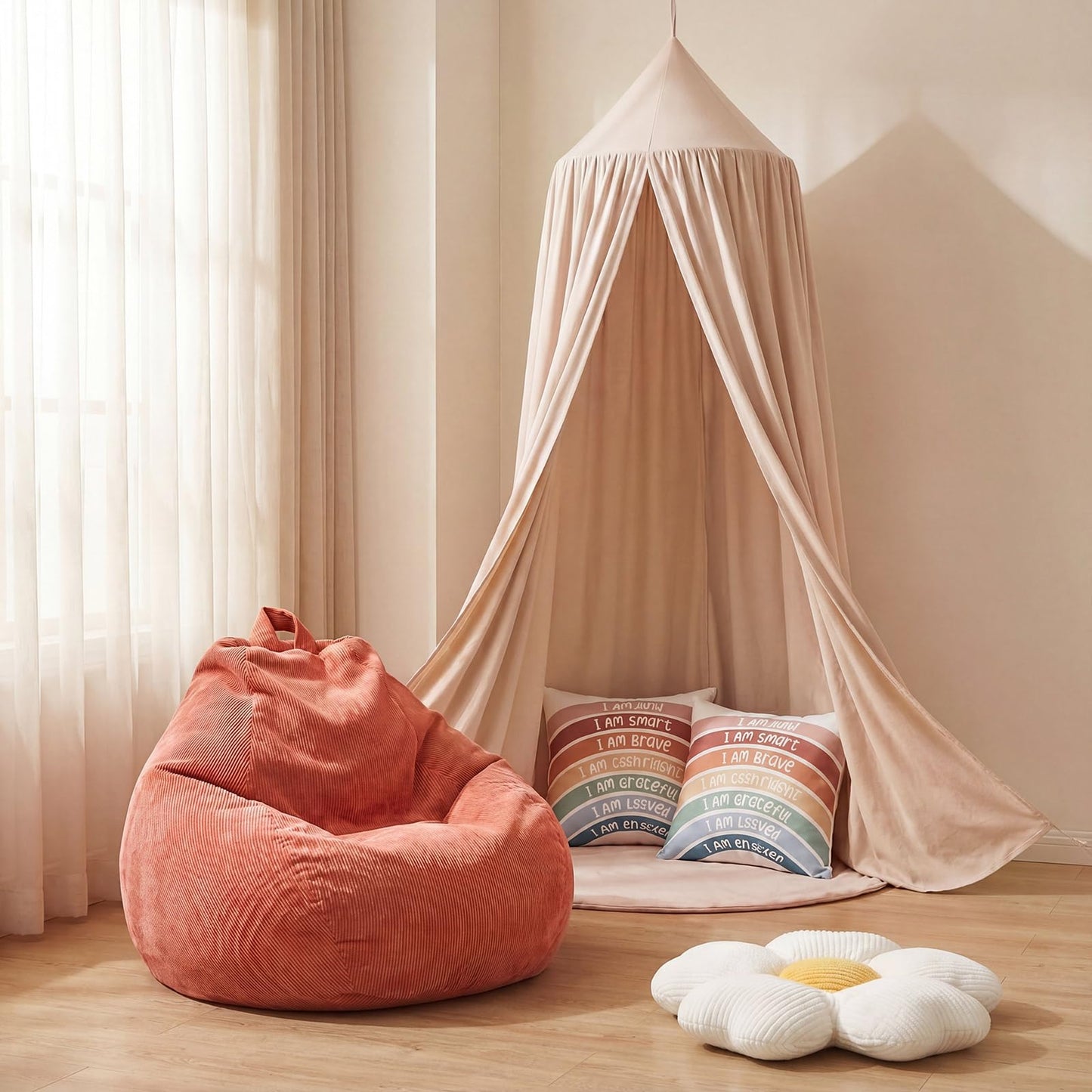 Hillsuren 5 Pcs Kids Reading Corner Set Reading Nook Bean Bag Chair Cover with Canopy Tent, Throw Pillow Cover (No Filler) and Flower Pillow for Bedroom Playroom Nursery Corner Decoration(Beige)
