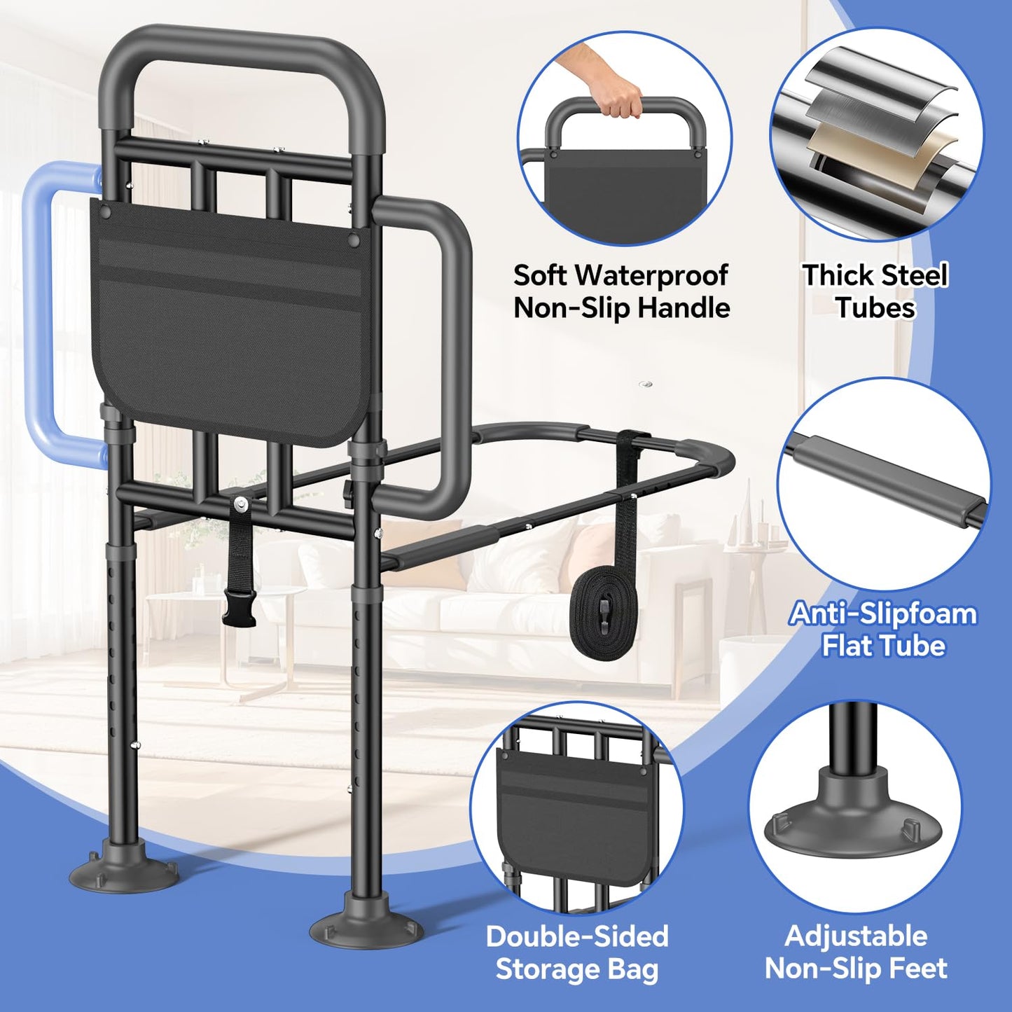 JNALIRC Bed Rails for Elderly Adults Safety with Non-Slip Handle，Adjustable Bed Assist Rail, ASTM Approved, 400 lb Capacity, Fixing Strap & Storage Pocket, Fits Twin/Full/Queen/King