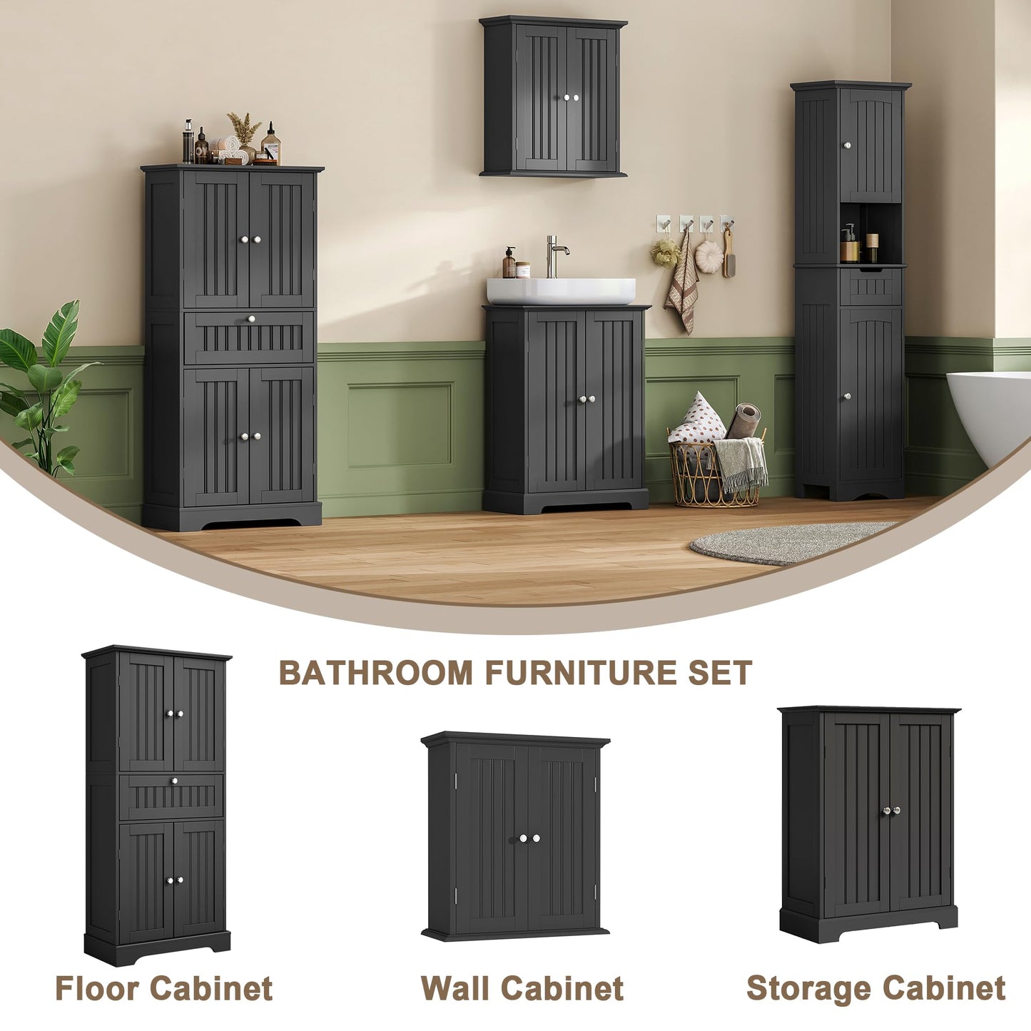 ChooChoo 51" H Tall Bathroom Floor Cabinet, Modern Bathroom Storage Cabinet with Drawer and Adjustable Shelves, Freestanding Kitchen Pantry Cupboard with 4 Doors for Living Room, Black