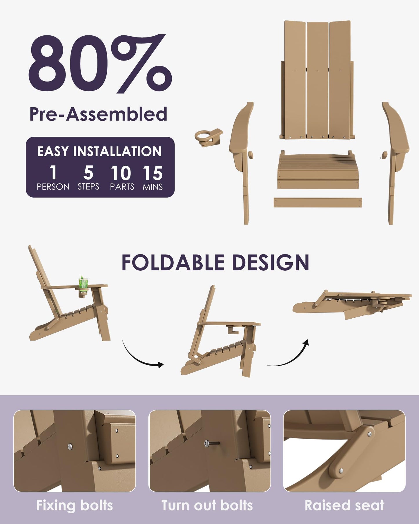 Adiromoti Folding Adirondack Chairs, All-Weather Resistant HDPE Patio Firepit Chairs, Sturdy Outside Chairs with Cup Holder, Pre-Installed Lawn Chairs Load Capacity 385lb, Weathered Wood