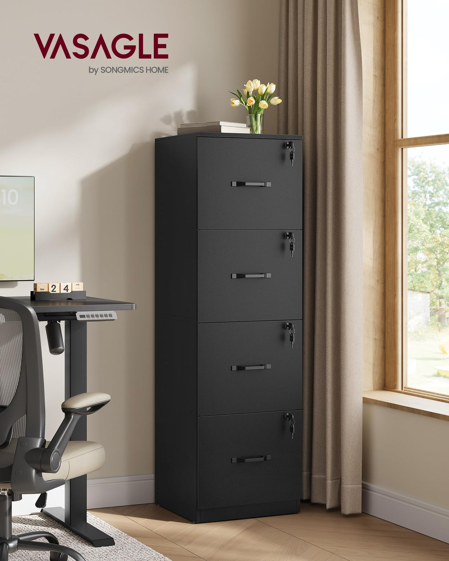 VASAGLE Custos Collection 4-Drawer Vertical File Cabinet for Home Office, Printer Stand, with 4 Lockable Drawers, Adjustable Hanging Rail, for A4 and Letter-Size Files, Ink Black UOFC082B02