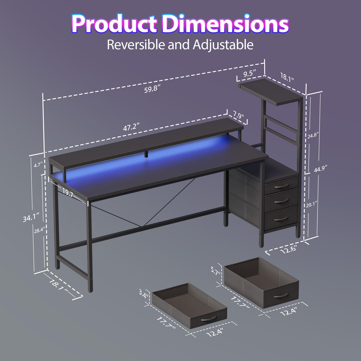 Mericonia 60 inch Gaming Desk with LED Lights & Power Outlets, Reversible Computer Desk with Storage Drawers & Monitor Stand, Large Gaming Table for Home Office