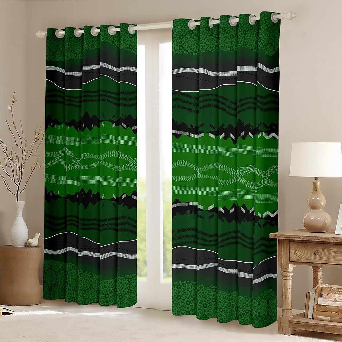 Feelyou Abstract Stripe Curtains for Bedroom Living Room Green Abstract Stripe Blackout Darkening Drapes Geometric Window Treatments, 2 Panels 38 x 45 Inch Room Decor