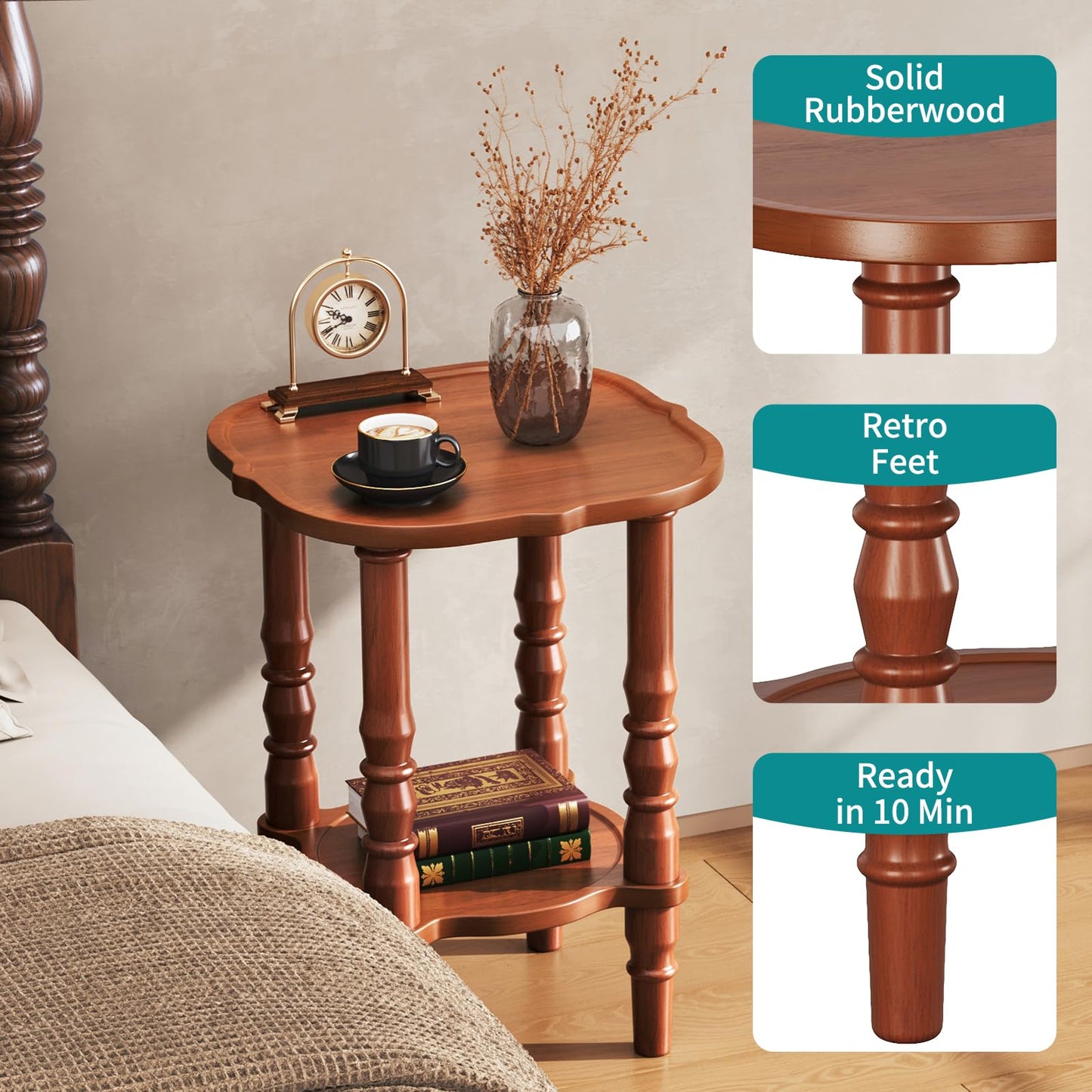 PlushVibes Solid Wood End Table Living Room - 21.7" H Small Narrow Square End Table Wooden, Dark Real Wood Vintage Antique Brown Side Bedside Table Nightstand for Small Spaces with Open Storage Shelf