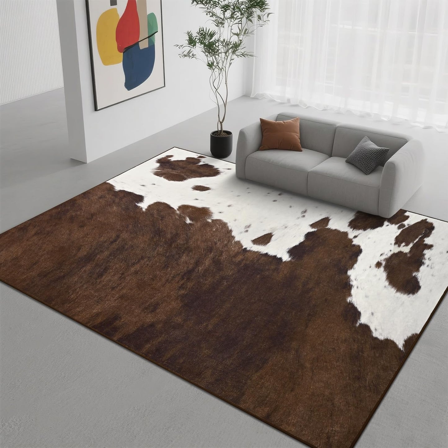 DweIke Cow Print Rug – 5x7 Faux Cowhide Carpet, Washable Soft Non-Slip Stain Resistant Animal Cow Hide Rugs for Living Room Bedroom Dining Room Office, Western Home Decor, Brown