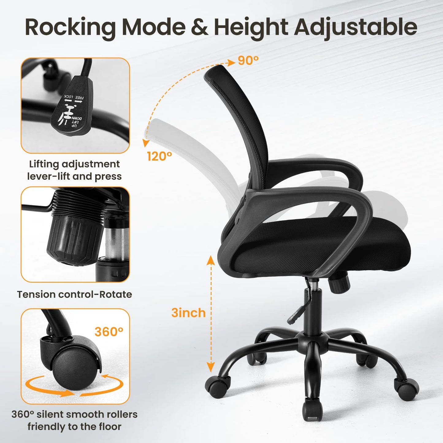 OLIXIS Office Desk Chair - Ergonomic Mid Back with Lumbar Support & Rocking Mode, Height Adjustable with Fixed Armrest, Storage Back for Computer, Gaming, Conference, Meeting, 360° Swivel, Black