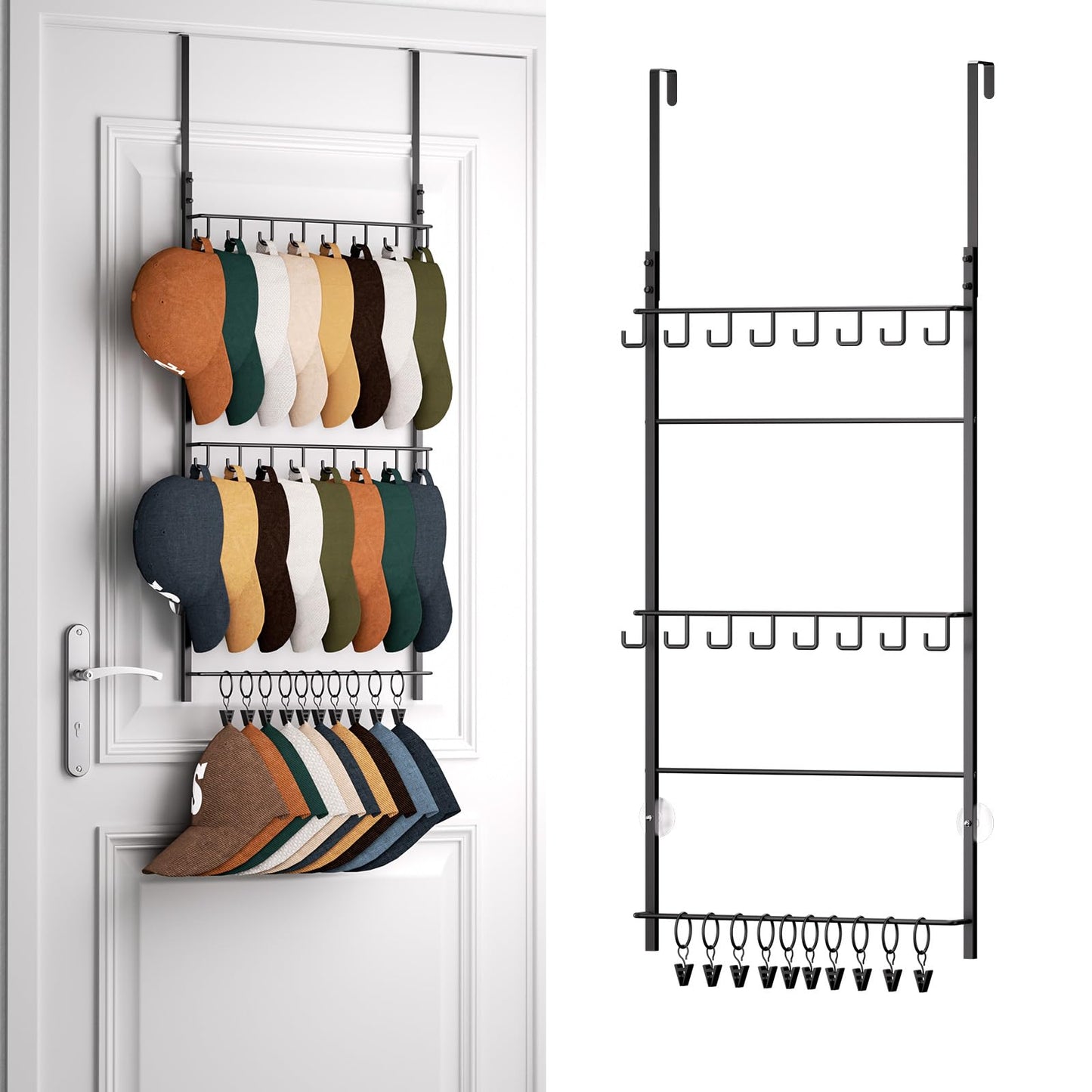HapiRm Over Door Hat Rack - 3 Tier Wall Mounted Hat Organizer with 16 Hooks and 10 Movable Clips, Baseball Cap Organizer Storage Holds up to 26 Caps for Door, Bedroom, Closet USPTO Patented